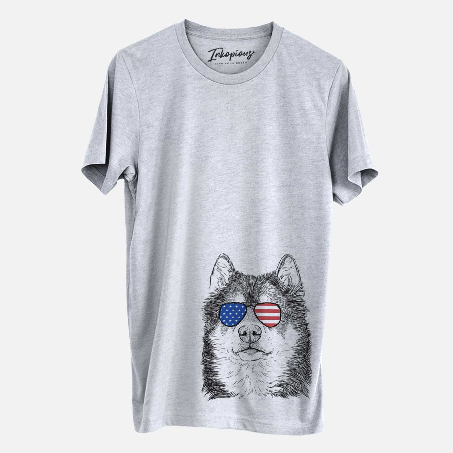 Hand-drawn sketch of Oskar the Canadian Eskimo Dog wearing American flag sunglasses on a Grey Unisex crewneck