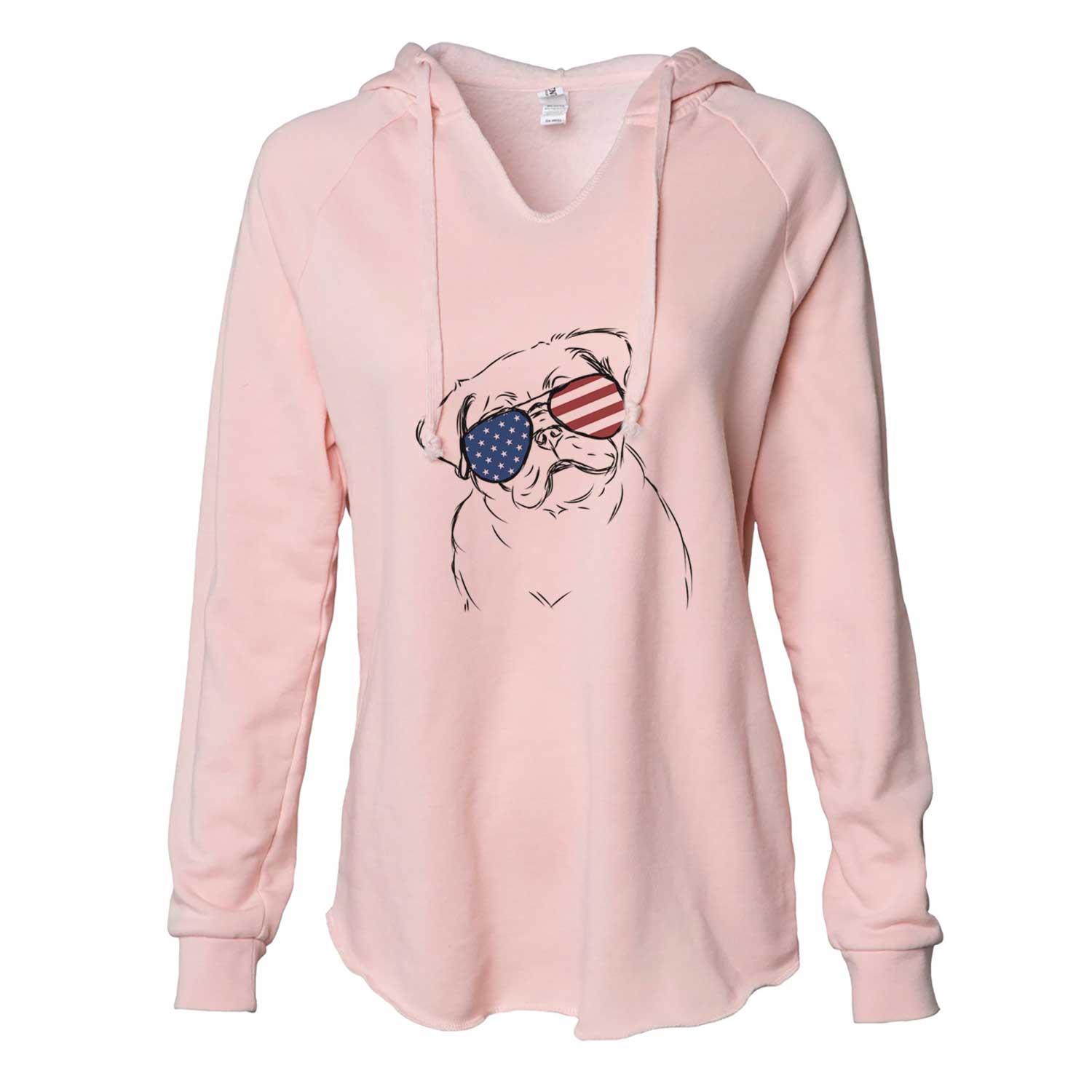 Hand-drawn sketch of Otis the Pug wearing American flag sunglasses on a Blush Cali Wave Hooded Sweatshirt