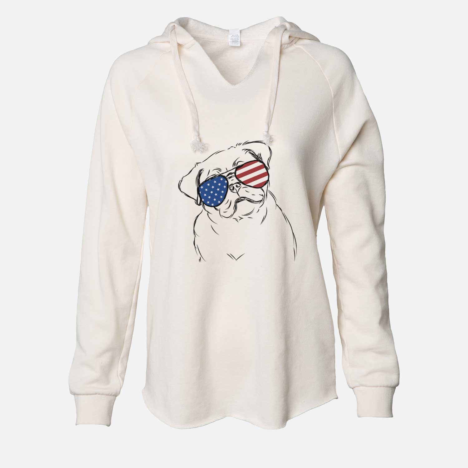 Hand-drawn sketch of Otis the Pug wearing American flag sunglasses on a Bone Cali Wave Hooded Sweatshirt