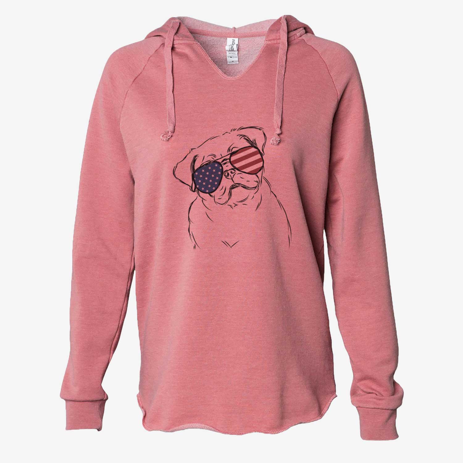 Hand-drawn sketch of Otis the Pug wearing American flag sunglasses on a Dusty Rose Cali Wave Hooded Sweatshirt