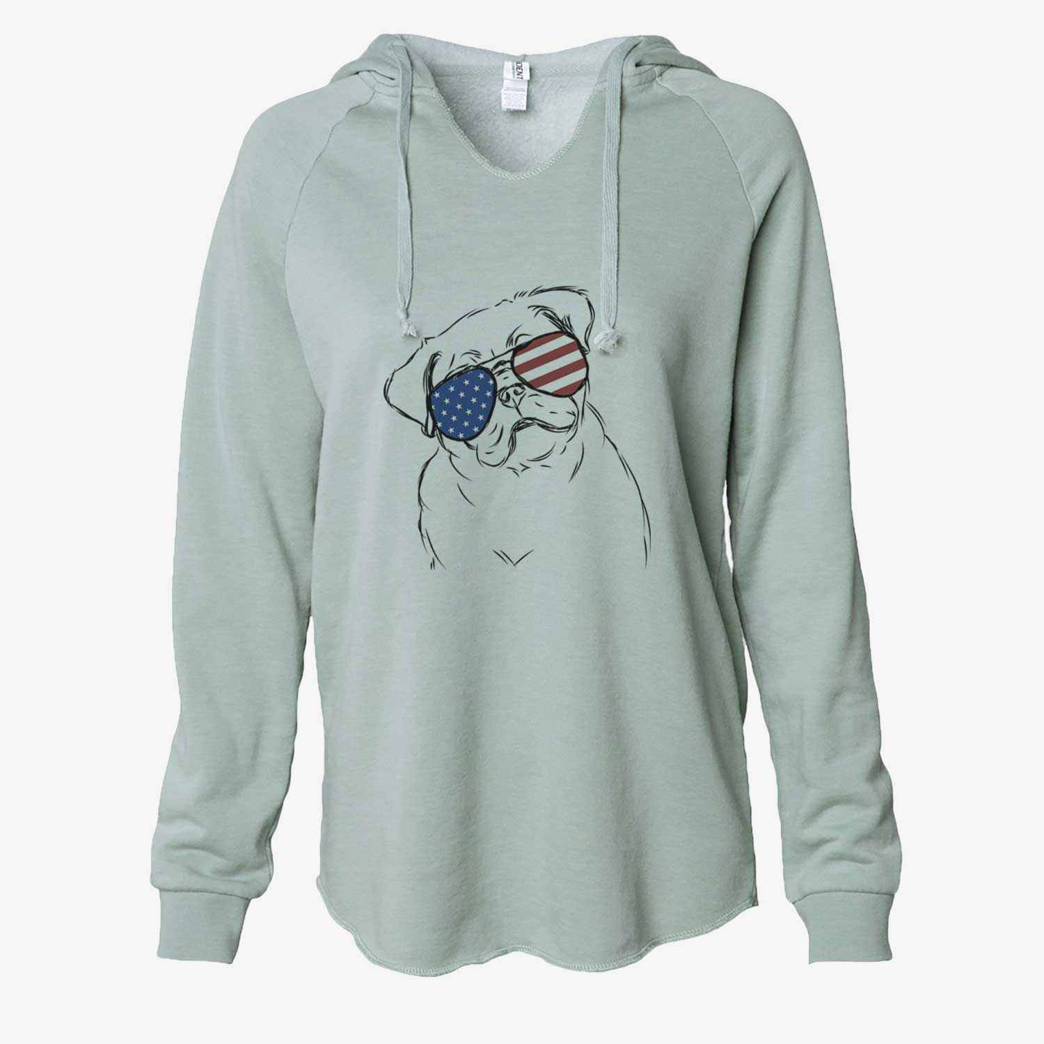 Hand-drawn sketch of Otis the Pug wearing American flag sunglasses on a Sage Cali Wave Hooded Sweatshirt