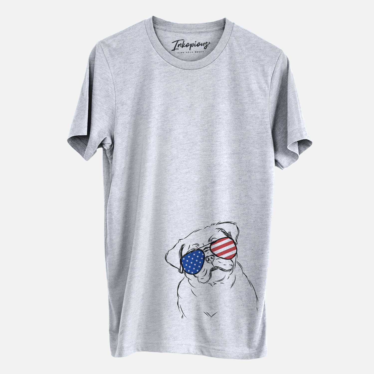 Hand-drawn sketch of Otis the Pug wearing American flag sunglasses on a Grey Unisex crewneck