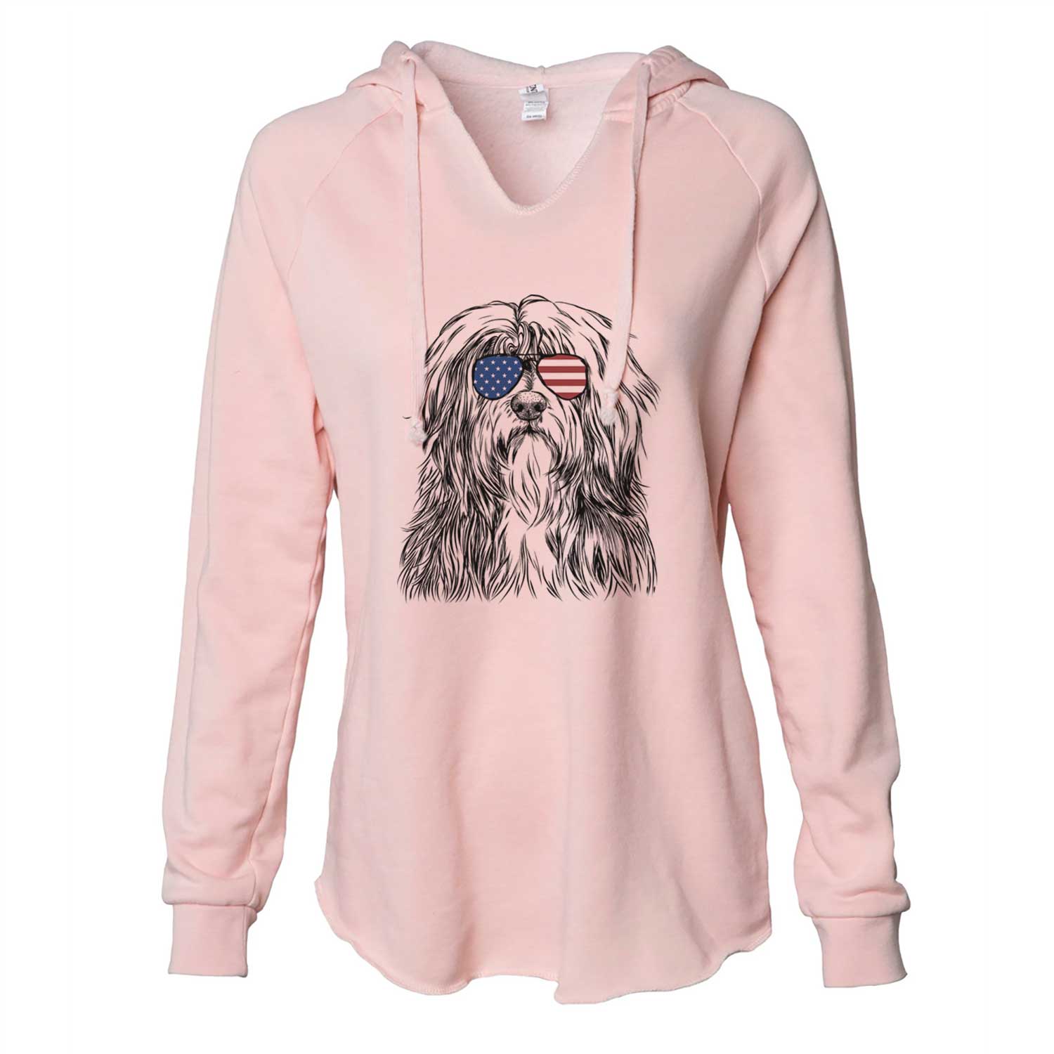 Hand-drawn sketch of Otto the Polish Lowland Sheepdog wearing American flag sunglasses on a Blush Cali Wave Hooded Sweatshirt