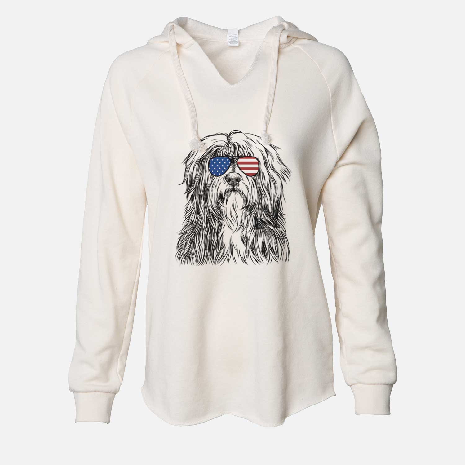 Hand-drawn sketch of Otto the Polish Lowland Sheepdog wearing American flag sunglasses on a Bone Cali Wave Hooded Sweatshirt