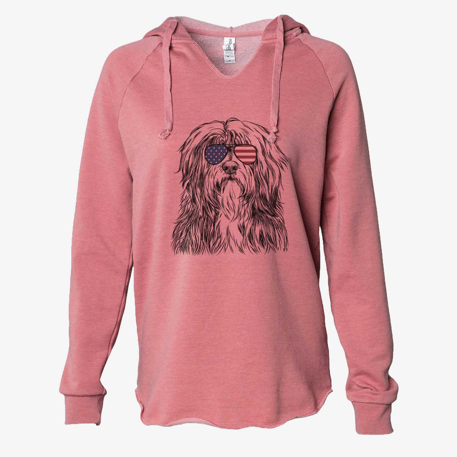 Hand-drawn sketch of Otto the Polish Lowland Sheepdog wearing American flag sunglasses on a Dusty Rose Cali Wave Hooded Sweatshirt