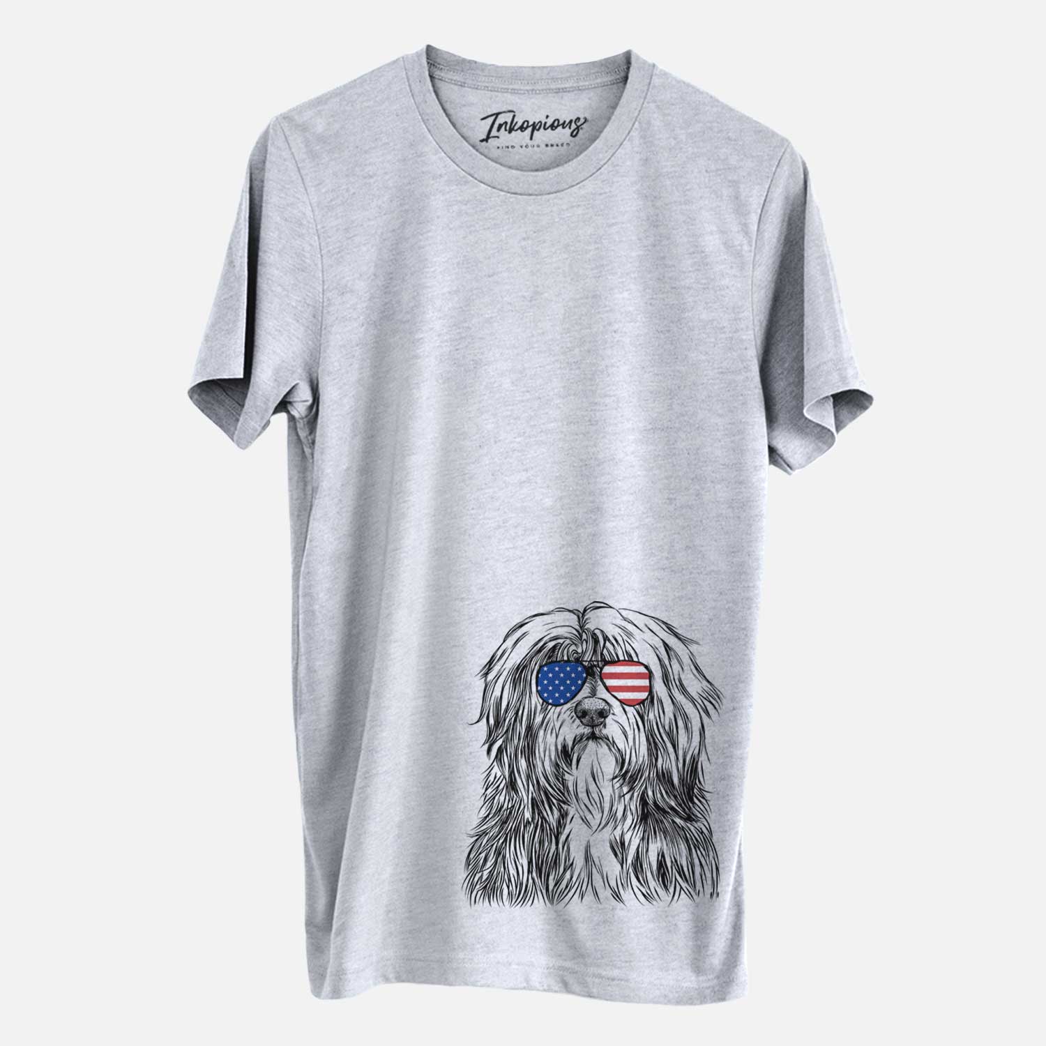 Hand-drawn sketch of Otto the Polish Lowland Sheepdog wearing American flag sunglasses on a Grey Unisex crewneck
