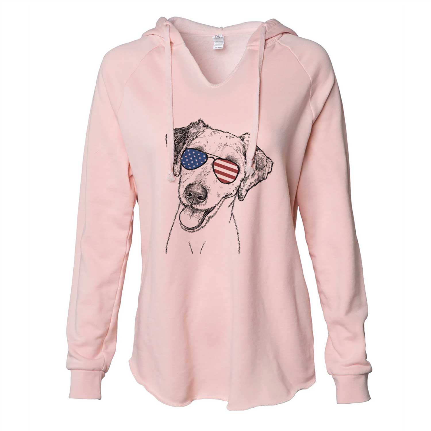 Hand-drawn sketch of Palm Palm the Aussiedoodle wearing American flag sunglasses on a Blush Cali Wave Hooded Sweatshirt
