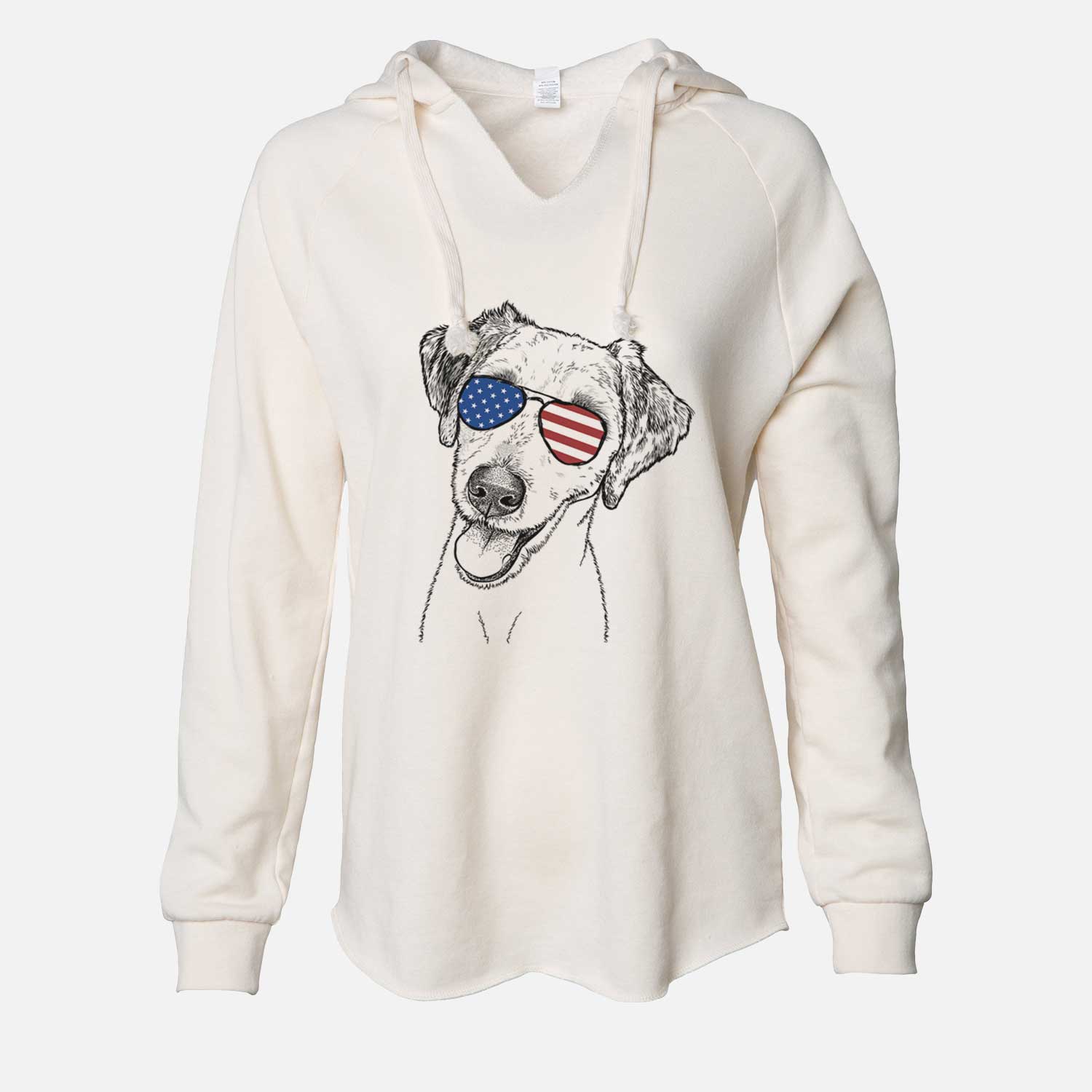 Hand-drawn sketch of Palm Palm the Aussiedoodle wearing American flag sunglasses on a Bone Cali Wave Hooded Sweatshirt