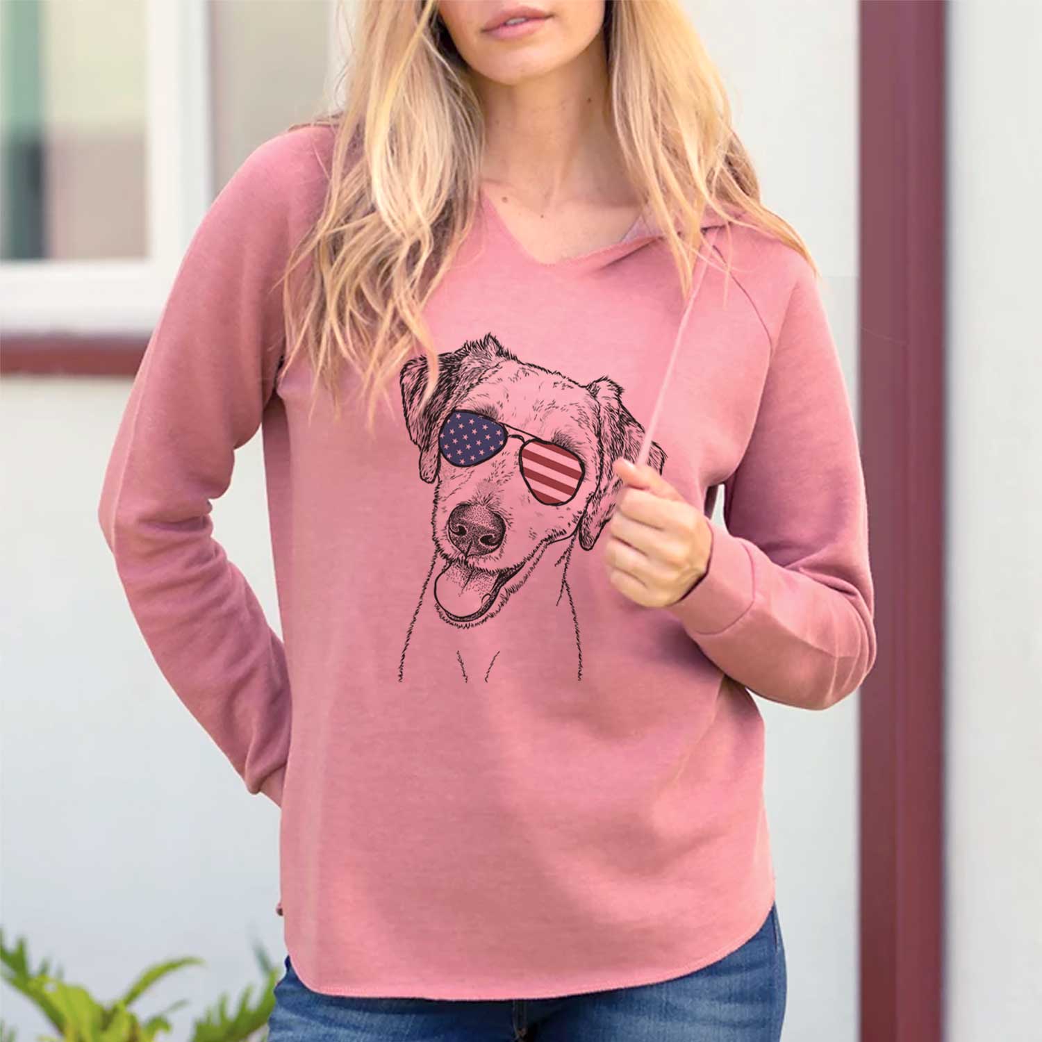 Hand-drawn sketch of Palm Palm the Aussiedoodle wearing American flag sunglasses on a Dusty Rose Cali Wave Hooded Sweatshirt, lifestyle photo
