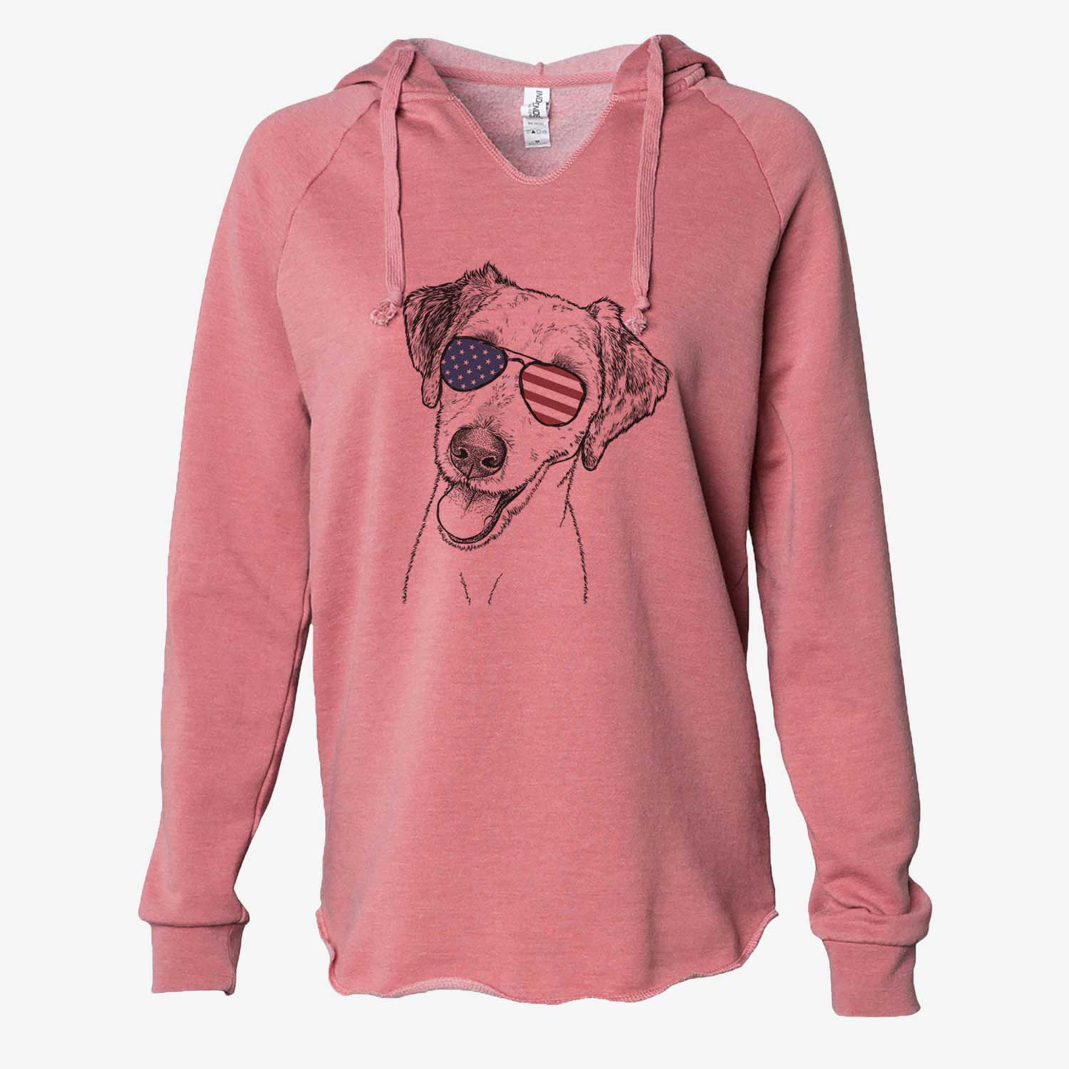 Hand-drawn sketch of Palm Palm the Aussiedoodle wearing American flag sunglasses on a Dusty Rose Cali Wave Hooded Sweatshirt