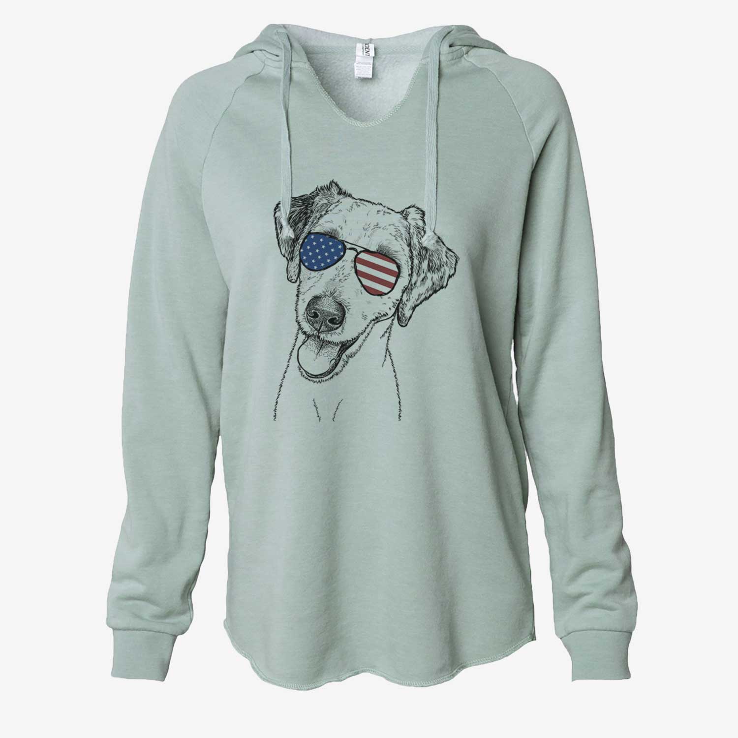 Hand-drawn sketch of Palm Palm the Aussiedoodle wearing American flag sunglasses on a Sage Cali Wave Hooded Sweatshirt