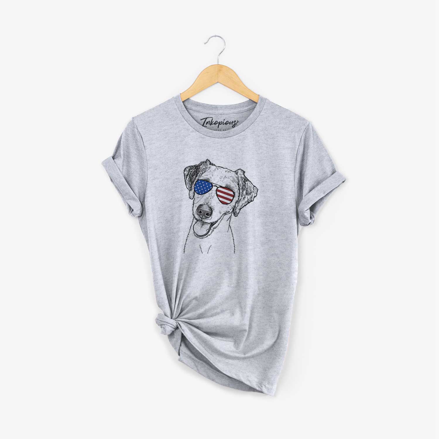 Hand-drawn sketch of Palm Palm the Aussiedoodle wearing American flag sunglasses on a Grey Unisex crewneck