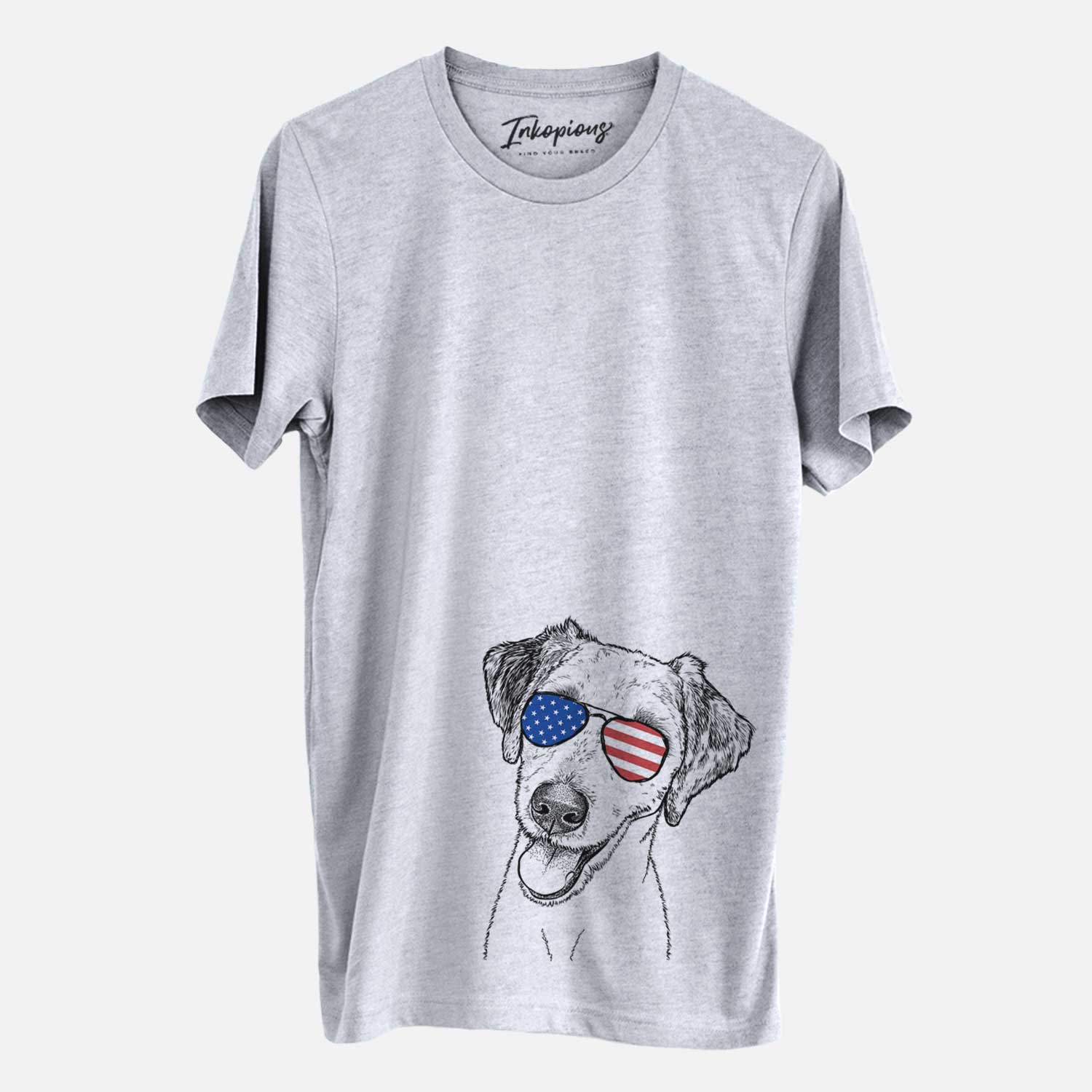 Hand-drawn sketch of Palm Palm the Aussiedoodle wearing American flag sunglasses on a Grey Unisex crewneck
