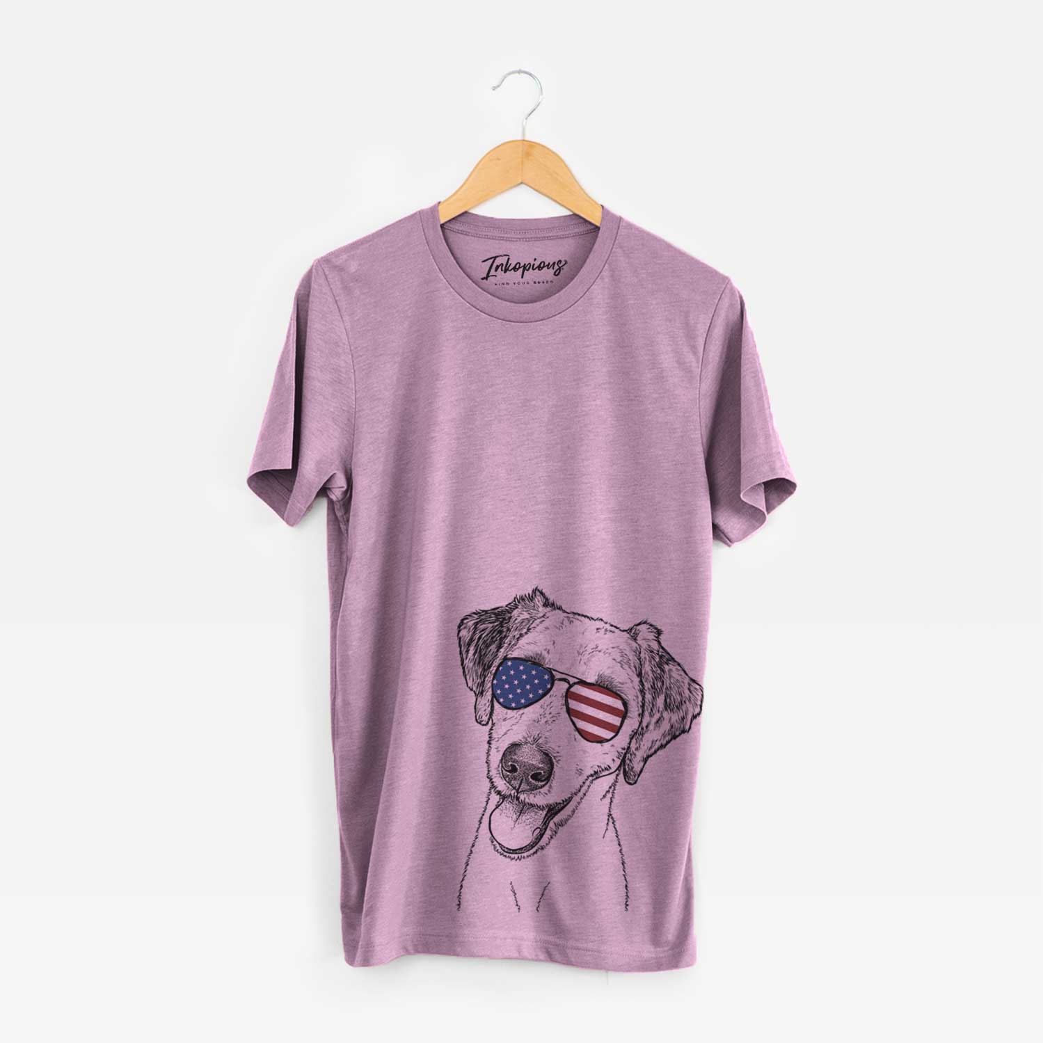 Hand-drawn sketch of Palm Palm the Aussiedoodle wearing American flag sunglasses on an Orchid Unisex crewneck