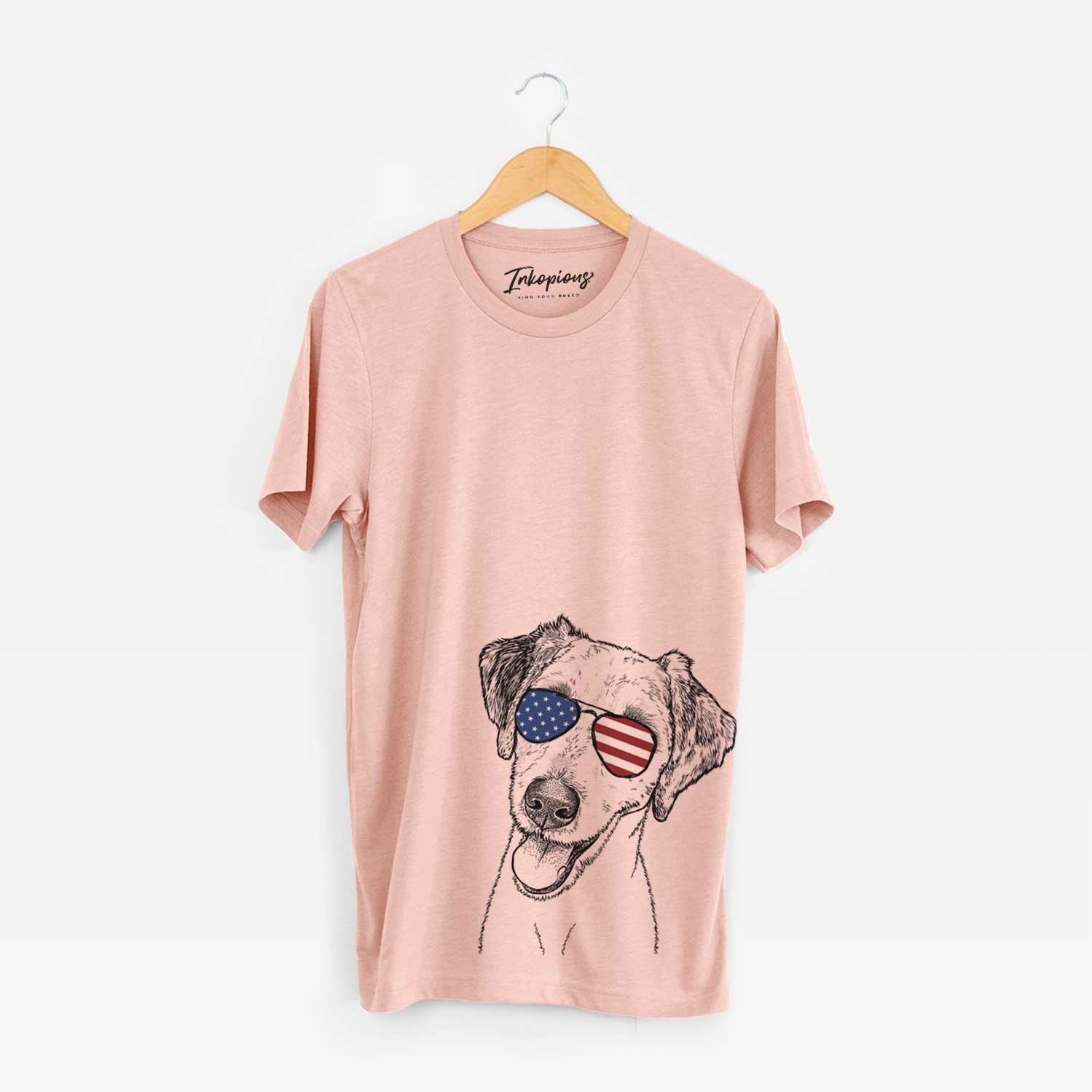 Hand-drawn sketch of Palm Palm the Aussiedoodle wearing American flag sunglasses on a Peach Unisex crewneck