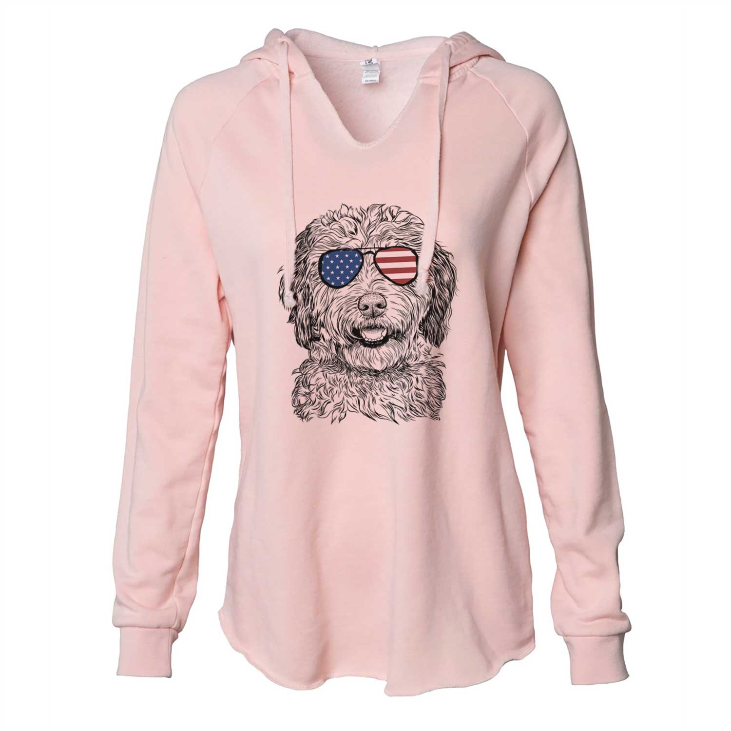 Hand-drawn sketch of Palmer the Aussiedoodle wearing American flag sunglasses on a Blush Cali Wave Hooded Sweatshirt