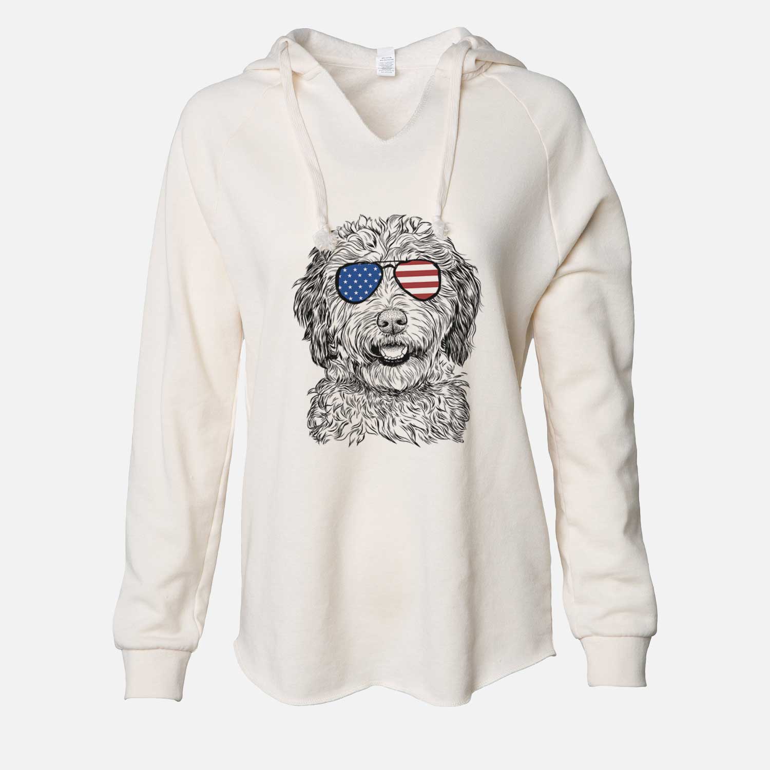 Hand-drawn sketch of Palmer the Aussiedoodle wearing American flag sunglasses on a Bone Cali Wave Hooded Sweatshirt