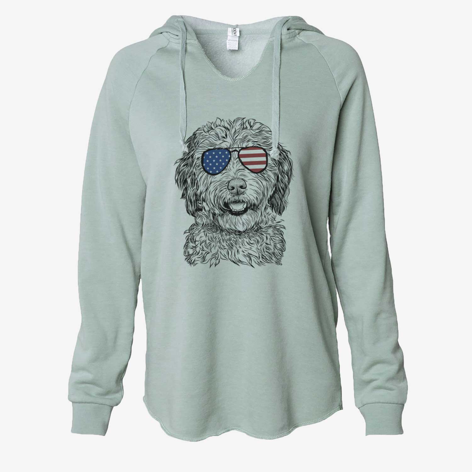 Hand-drawn sketch of Palmer the Aussiedoodle wearing American flag sunglasses on a Sage Cali Wave Hooded Sweatshirt
