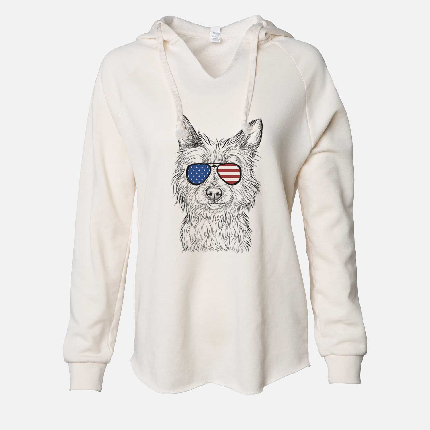 Hand-drawn sketch of Paulo the Portuguese Podengo wearing American flag sunglasses on a Bone Cali Wave Hooded Sweatshirt