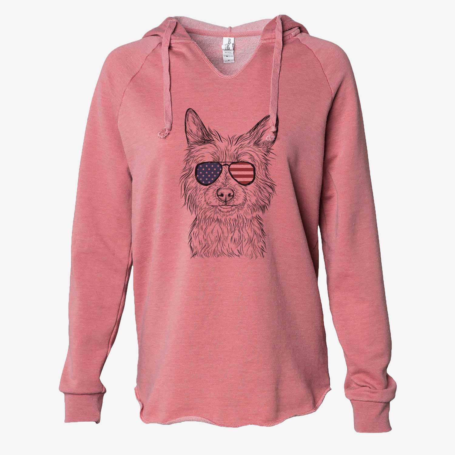 Hand-drawn sketch of Paulo the Portuguese Podengo wearing American flag sunglasses on a Dusty Rose Cali Wave Hooded Sweatshirt