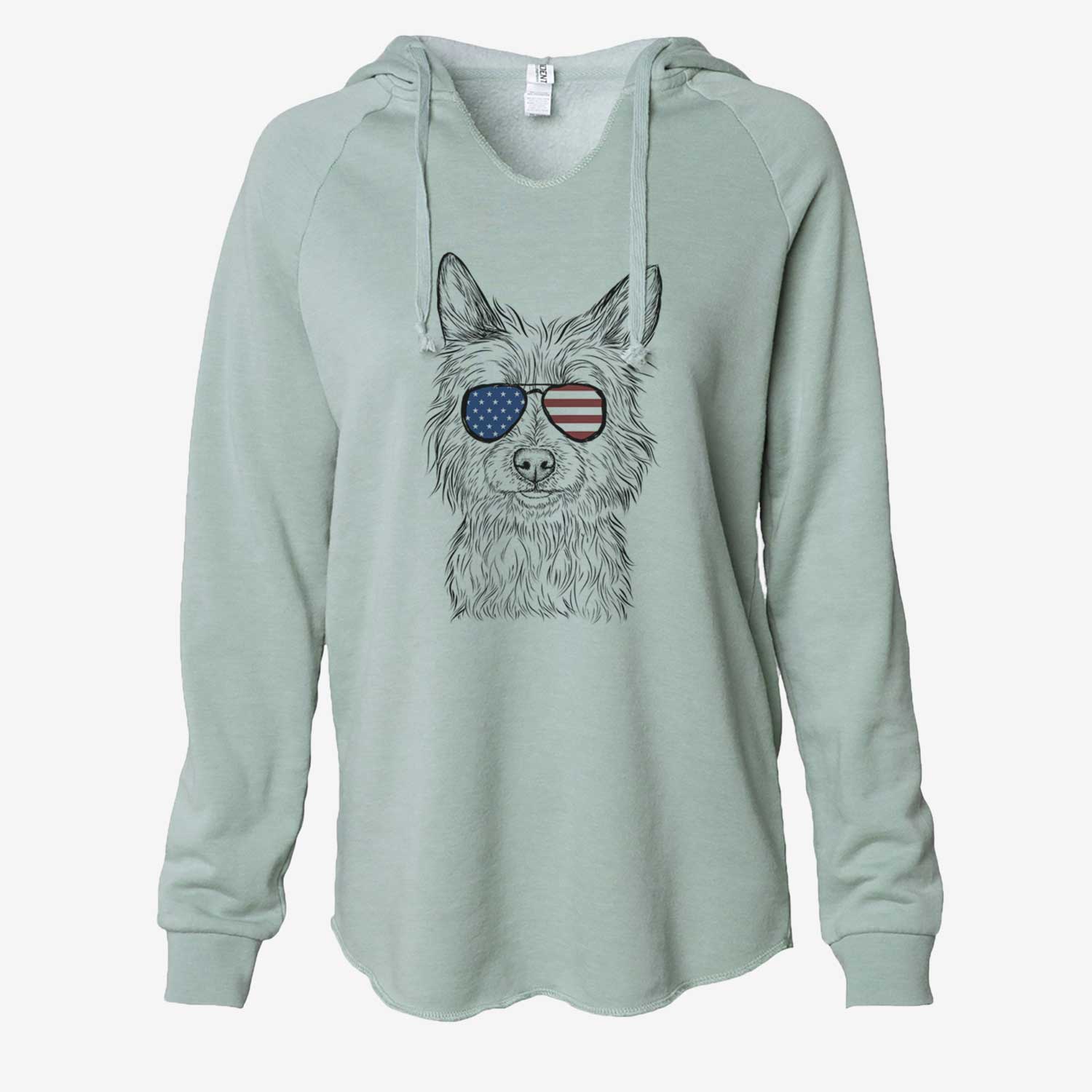 Hand-drawn sketch of Paulo the Portuguese Podengo wearing American flag sunglasses on a Sage Cali Wave Hooded Sweatshirt