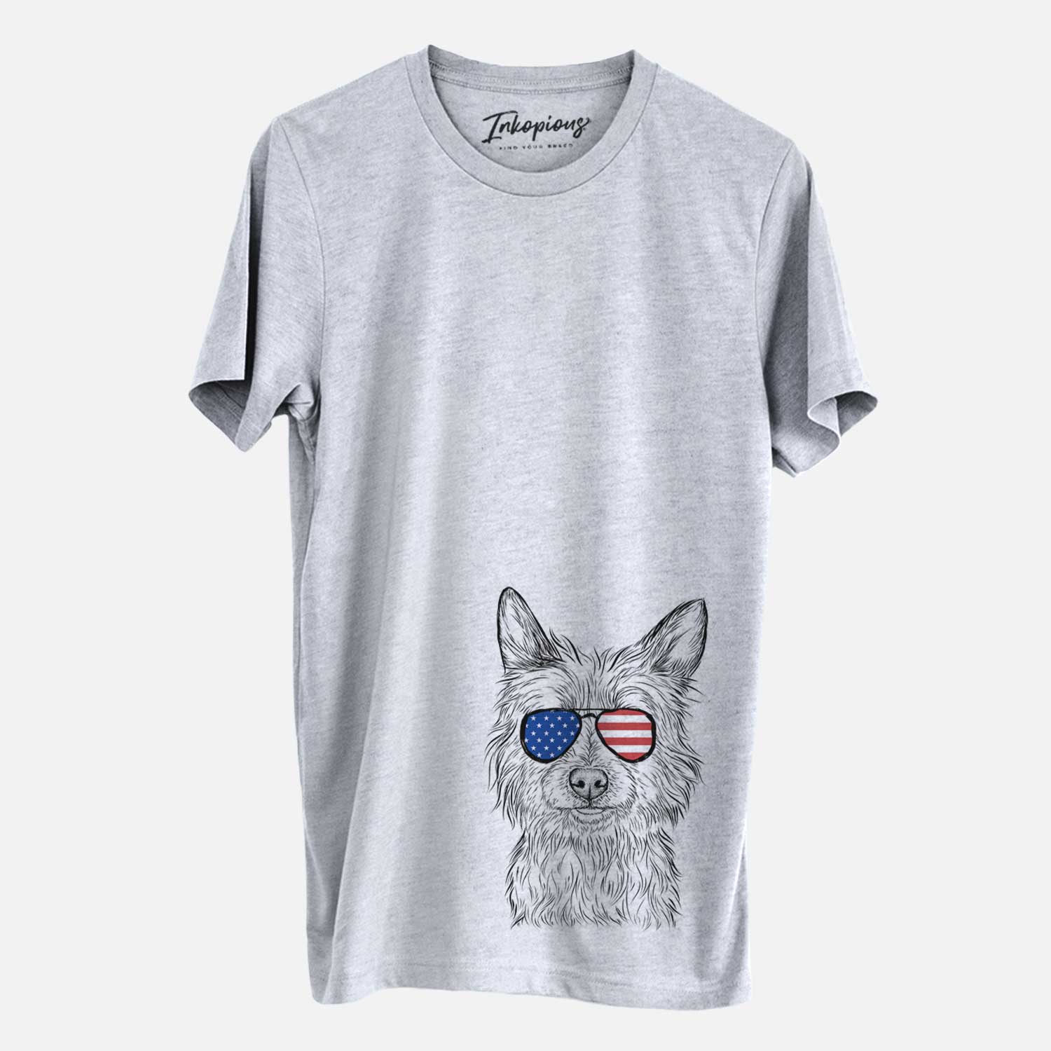 Hand-drawn sketch of Paulo the Portuguese Podengo wearing American flag sunglasses on a Grey Unisex crewneck