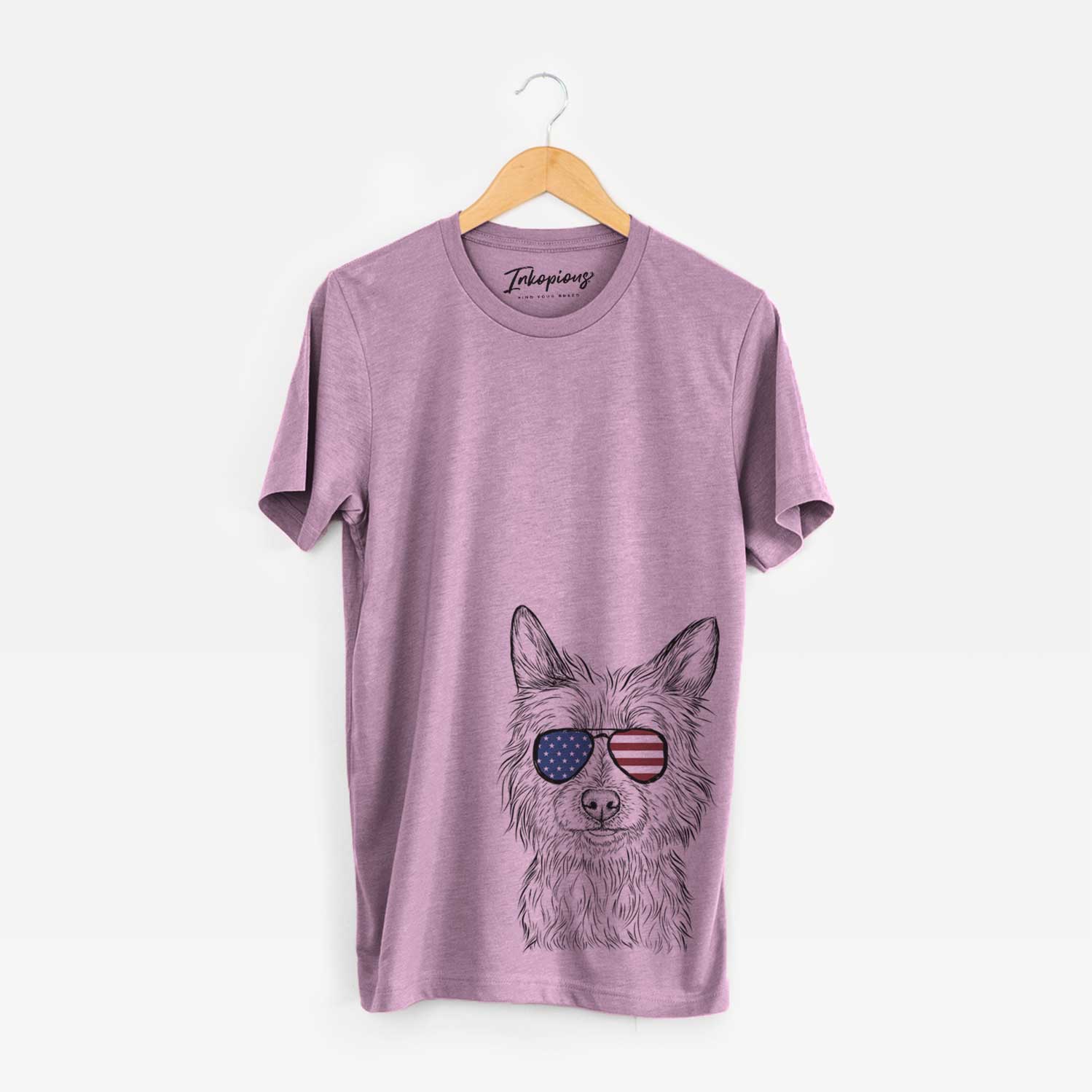 Hand-drawn sketch of Paulo the Portuguese Podengo wearing American flag sunglasses on an Orchid Unisex crewneck