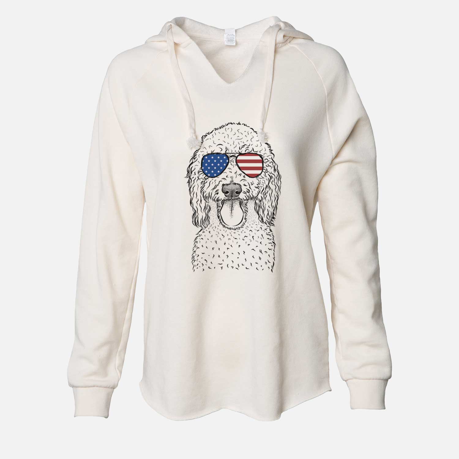 Hand-drawn sketch of Pavlov the Goldendoodle wearing American flag sunglasses on a Bone Cali Wave Hooded Sweatshirt