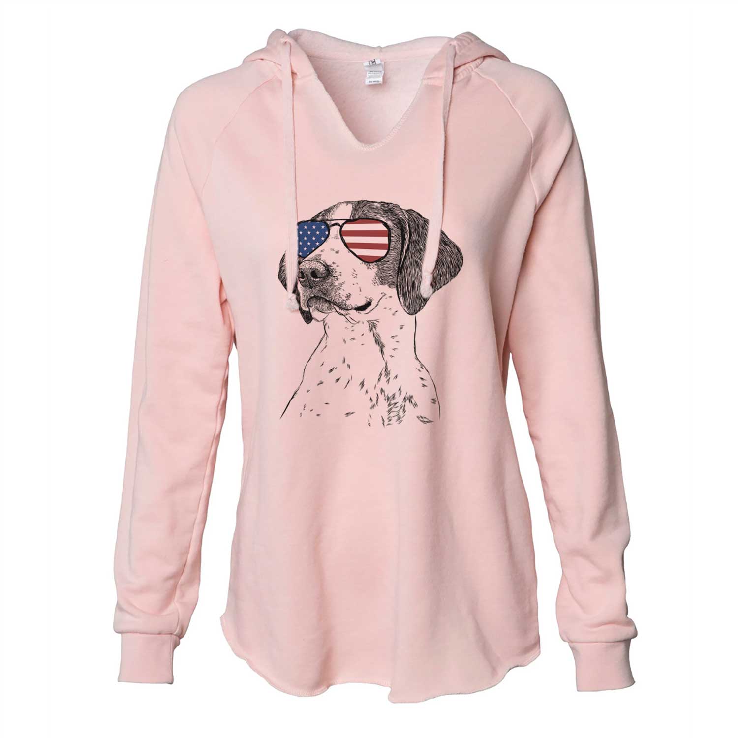 Hand-drawn sketch of Payton the Mixed Breed wearing American flag sunglasses on a Blush Cali Wave Hooded Sweatshirt
