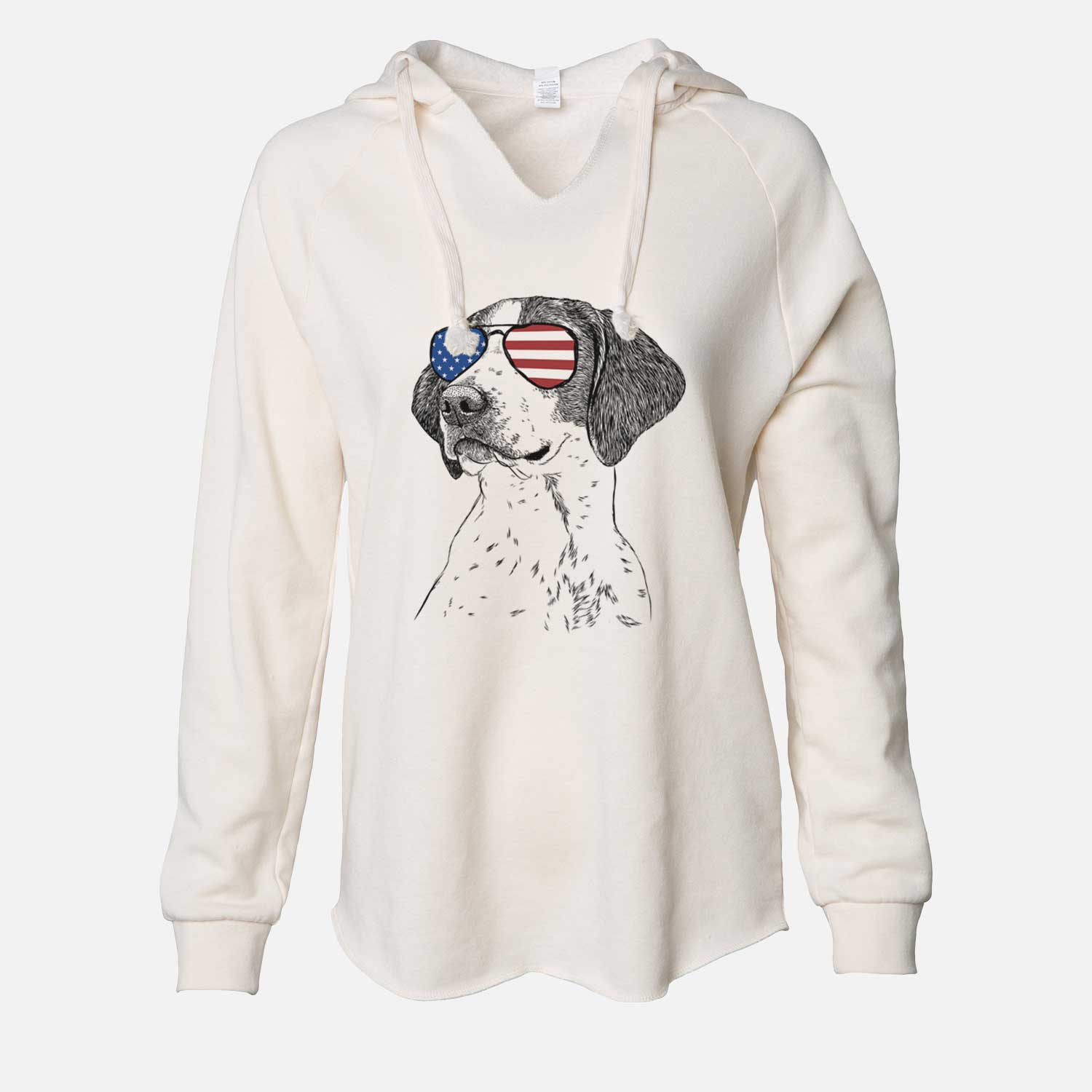 Hand-drawn sketch of Payton the Mixed Breed wearing American flag sunglasses on a Bone Cali Wave Hooded Sweatshirt