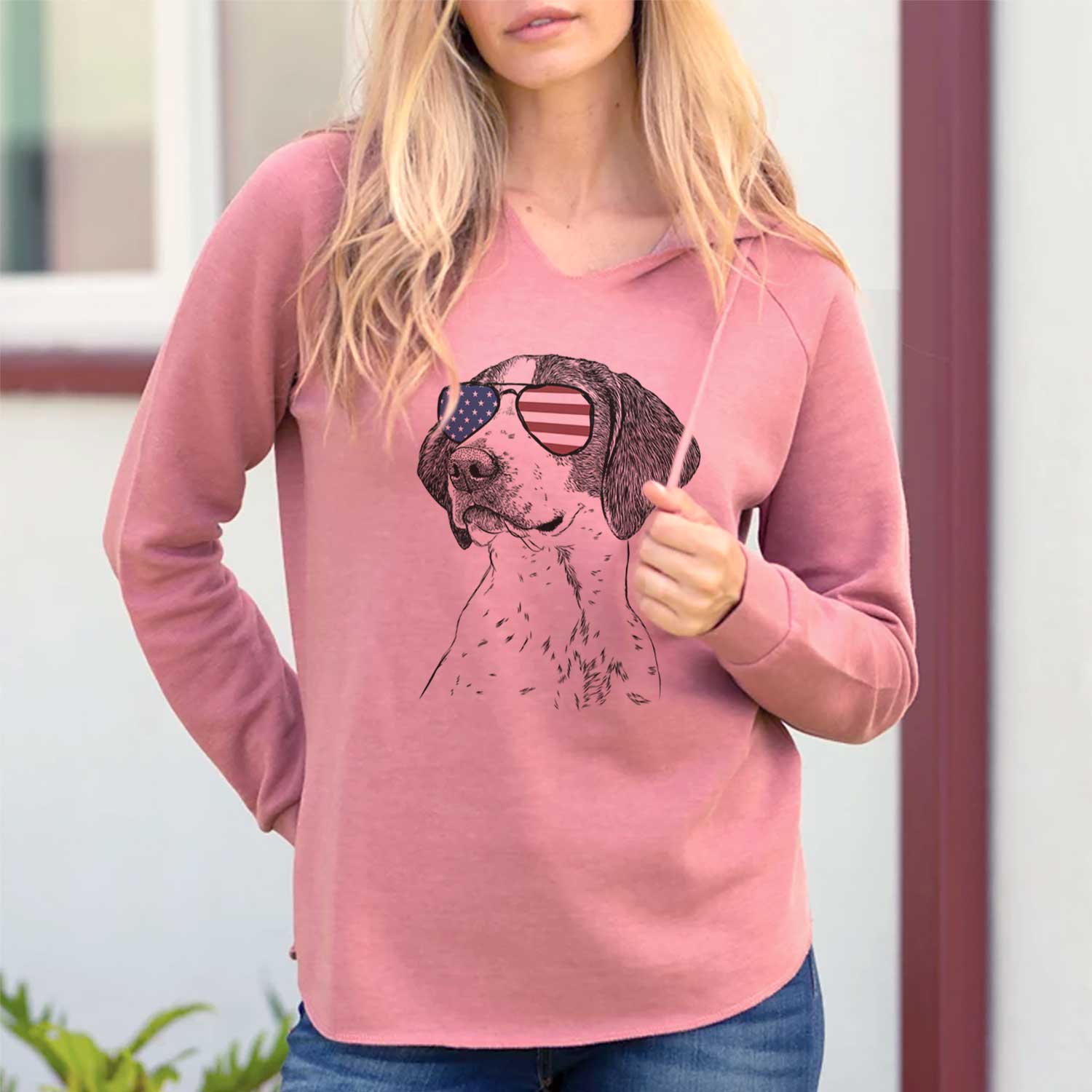 Hand-drawn sketch of Payton the Mixed Breed wearing American flag sunglasses on a Dusty Rose Cali Wave Hooded Sweatshirt, lifestyle photo