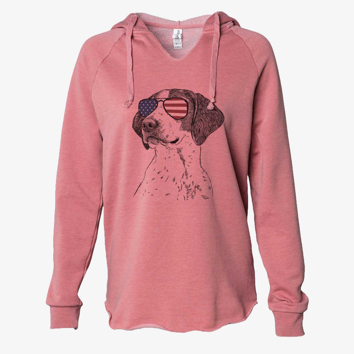 Hand-drawn sketch of Payton the Mixed Breed wearing American flag sunglasses on a Dusty Rose Cali Wave Hooded Sweatshirt