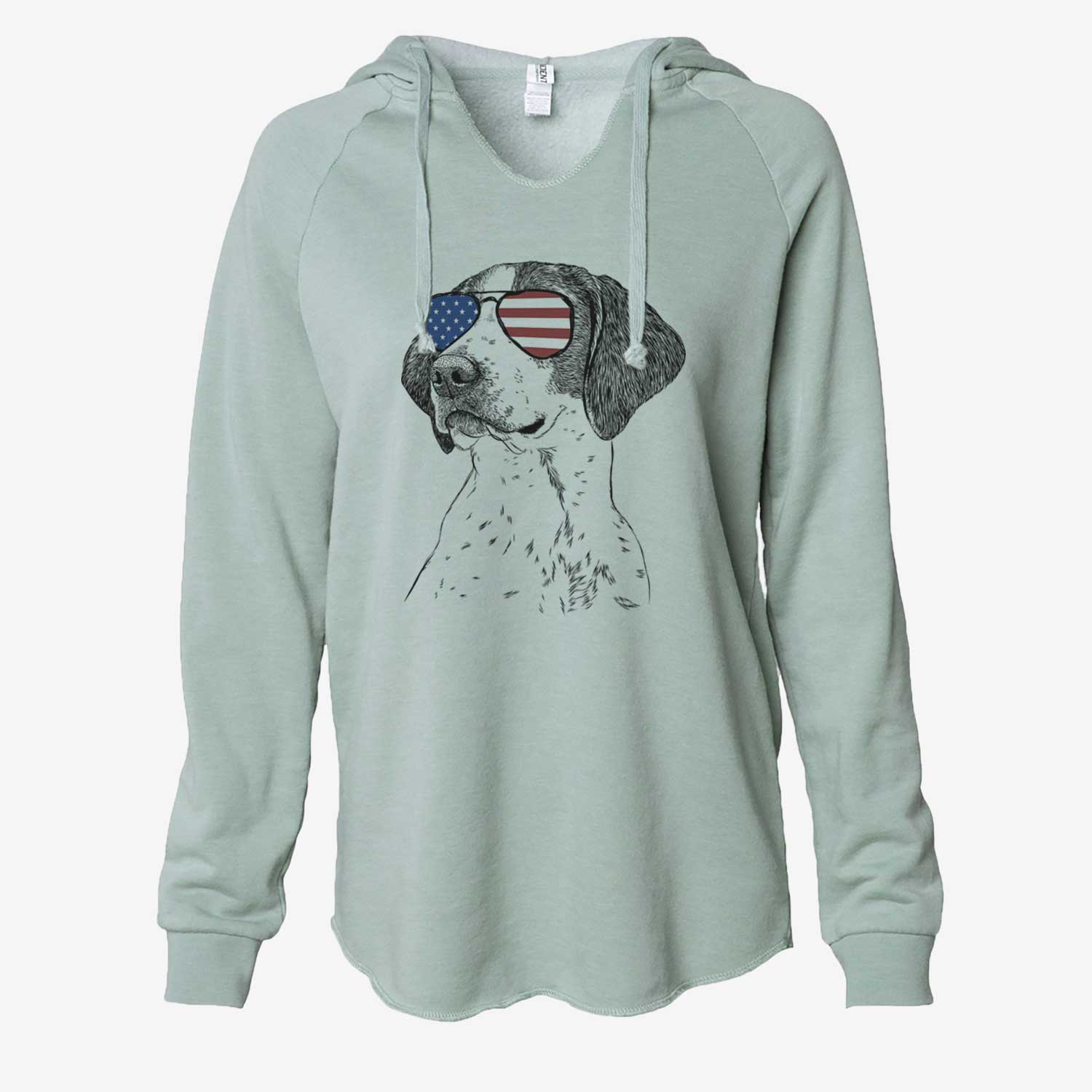 Hand-drawn sketch of Payton the Mixed Breed wearing American flag sunglasses on a Sage Cali Wave Hooded Sweatshirt