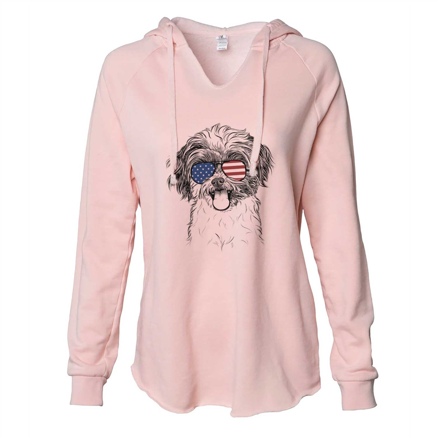 Hand-drawn sketch of Pepper the Shihpoo wearing American flag sunglasses on a Blush Cali Wave Hooded Sweatshirt