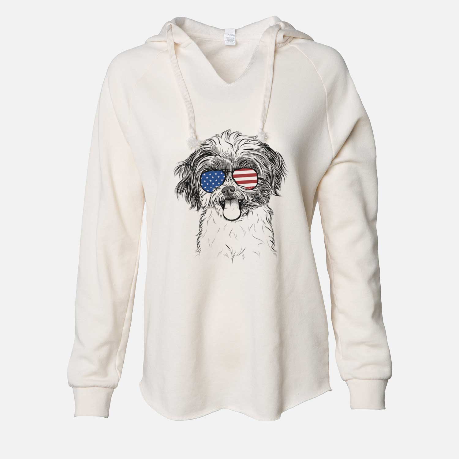 Hand-drawn sketch of Pepper the Shihpoo wearing American flag sunglasses on a Bone Cali Wave Hooded Sweatshirt