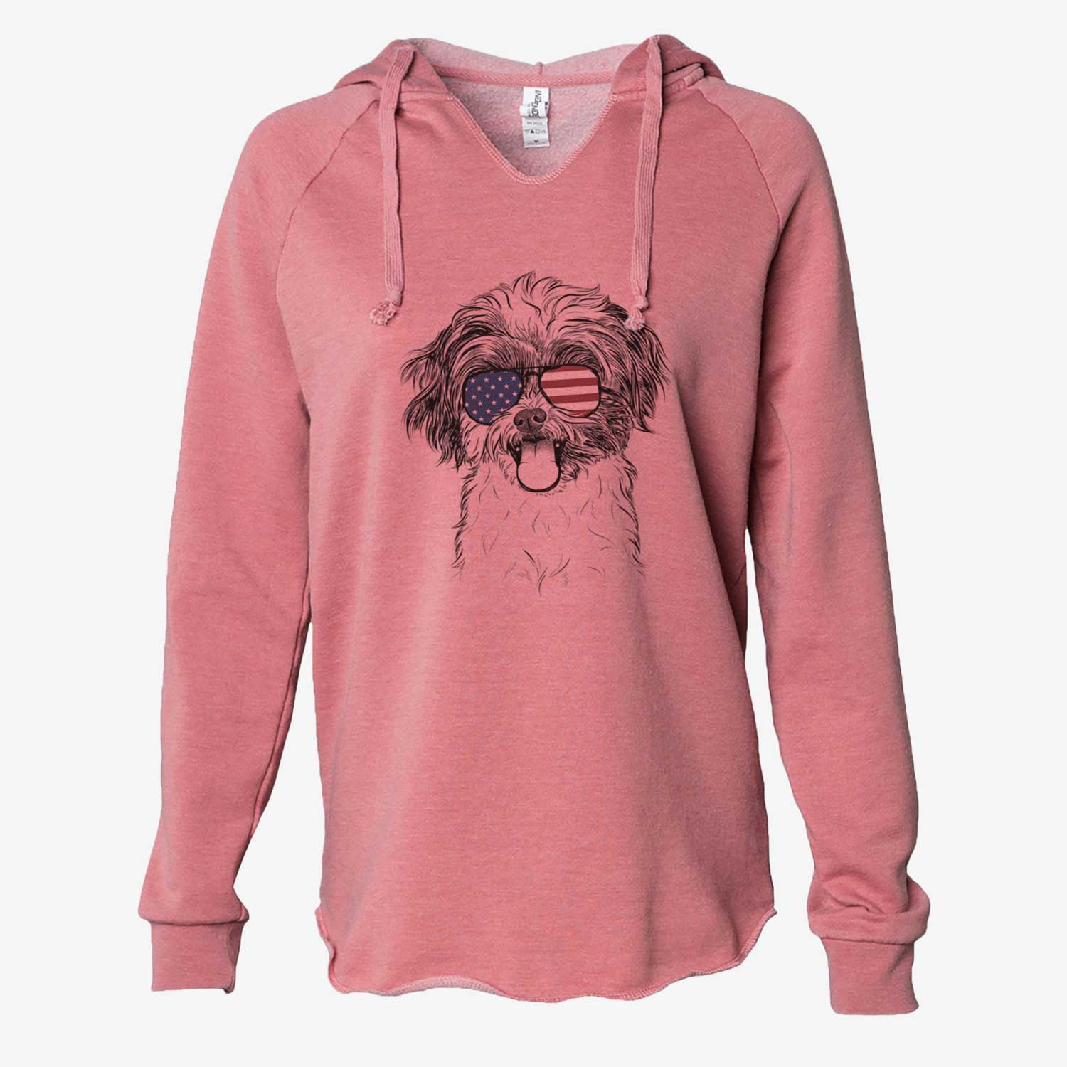 Hand-drawn sketch of Pepper the Shihpoo wearing American flag sunglasses on a Dusty Rose Cali Wave Hooded Sweatshirt