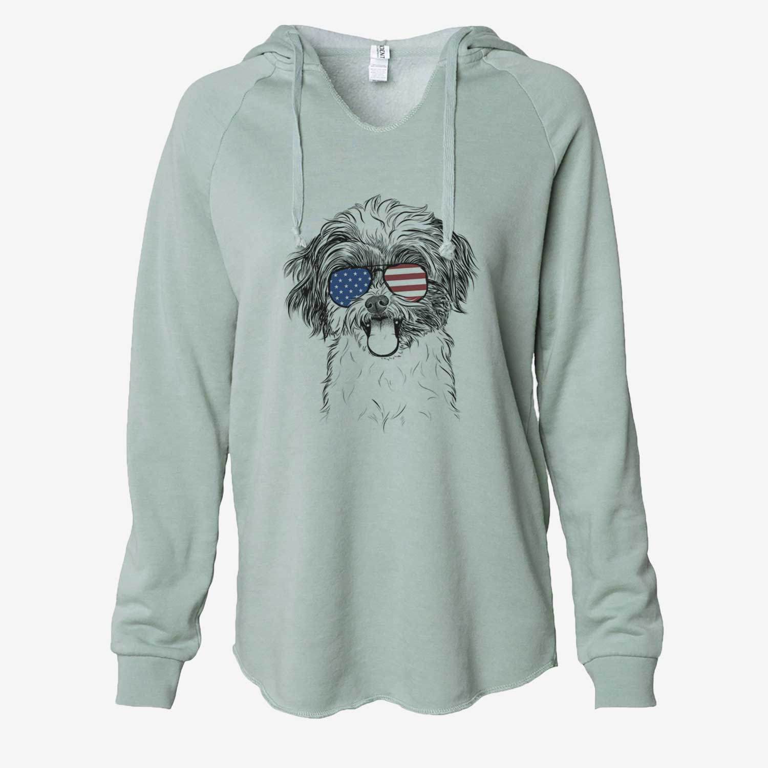 Hand-drawn sketch of Pepper the Shihpoo wearing American flag sunglasses on a Sage Cali Wave Hooded Sweatshirt