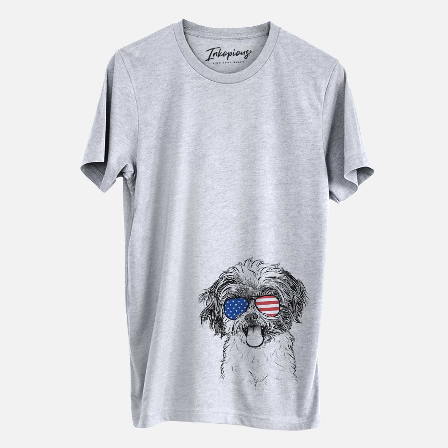 Hand-drawn sketch of Pepper the Shihpoo wearing American flag sunglasses on a Grey Unisex crewneck
