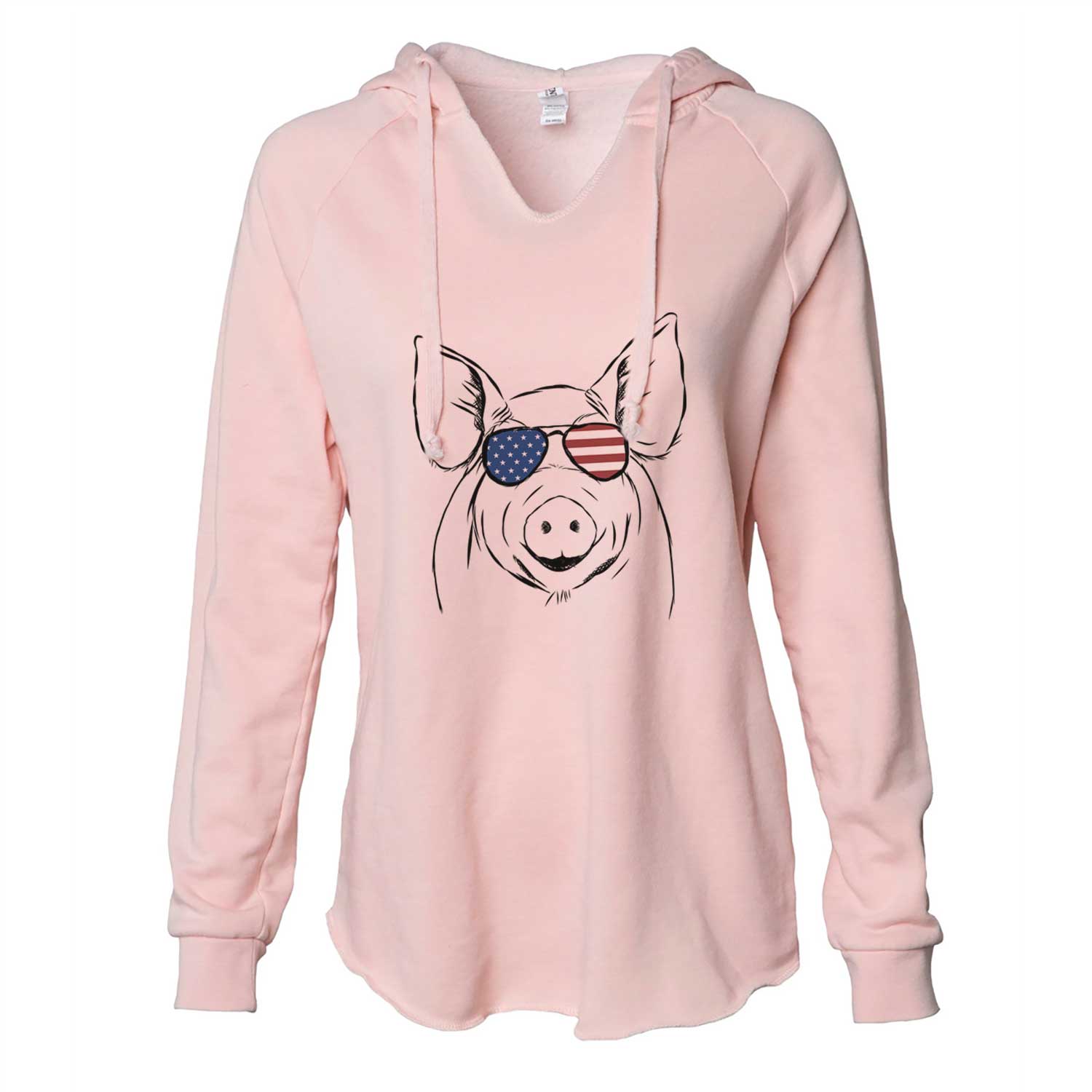 Hand-drawn sketch of Perry the Pig wearing American flag sunglasses on a Blush Cali Wave Hooded Sweatshirt