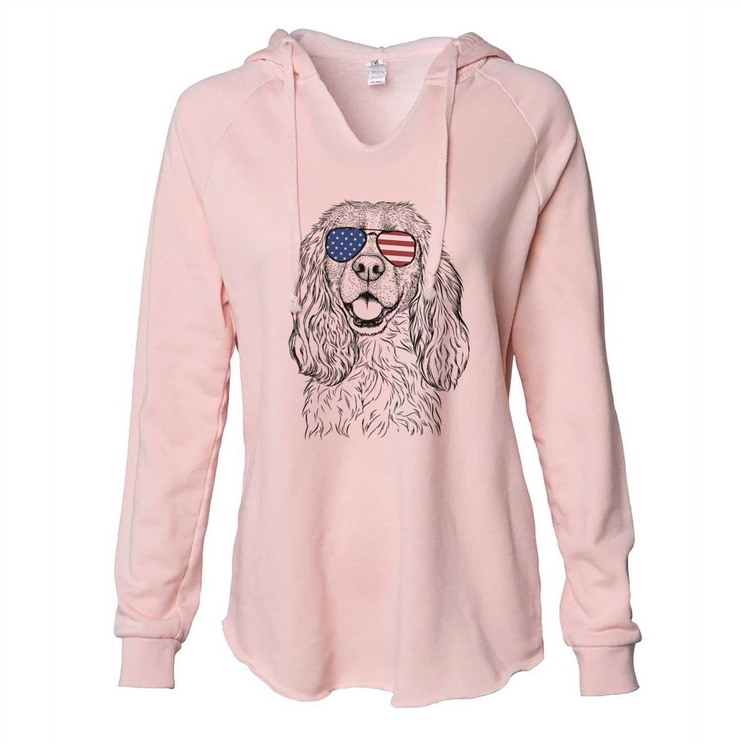 Hand-drawn sketch of Perry the Cockalier wearing American flag sunglasses on a Blush Cali Wave Hooded Sweatshirt