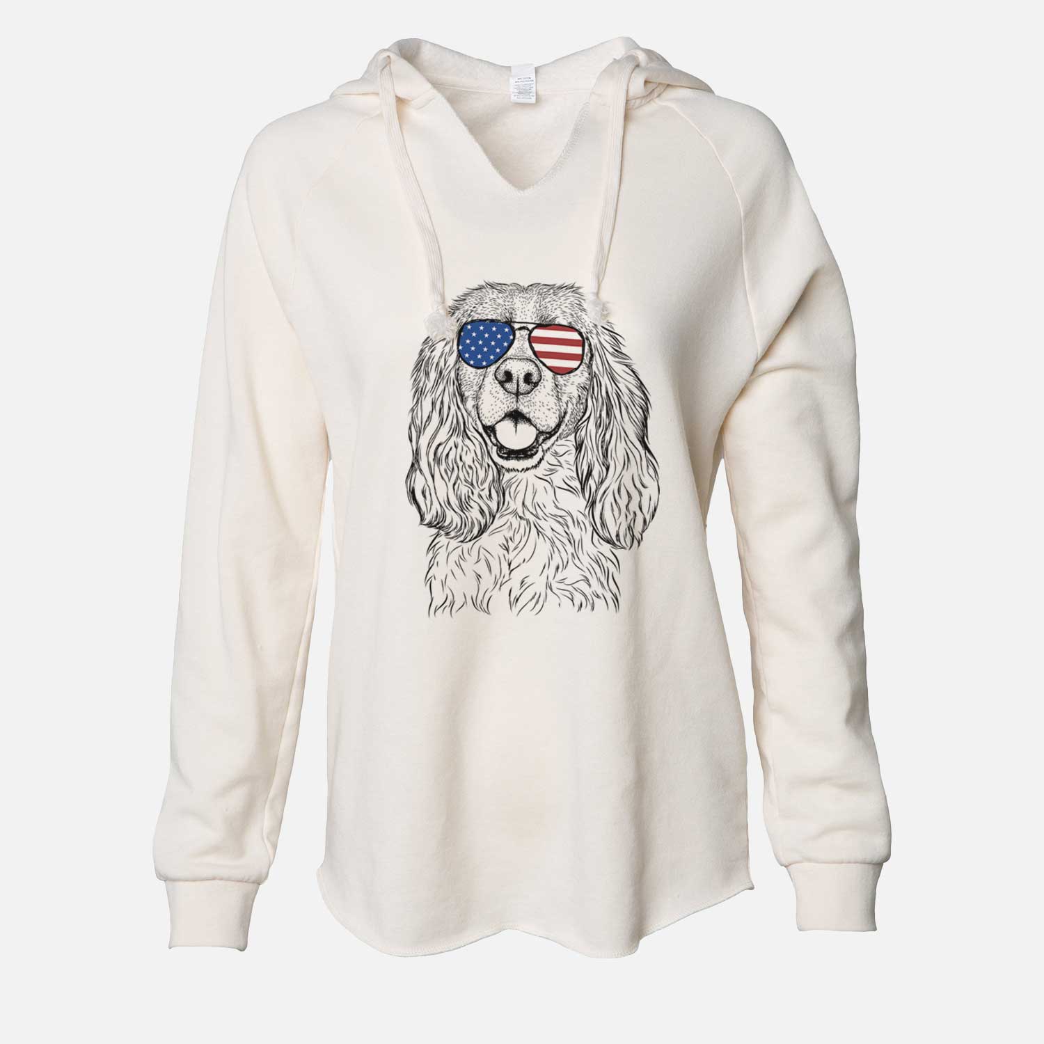 Hand-drawn sketch of Perry the Cockalier wearing American flag sunglasses on a Bone Cali Wave Hooded Sweatshirt