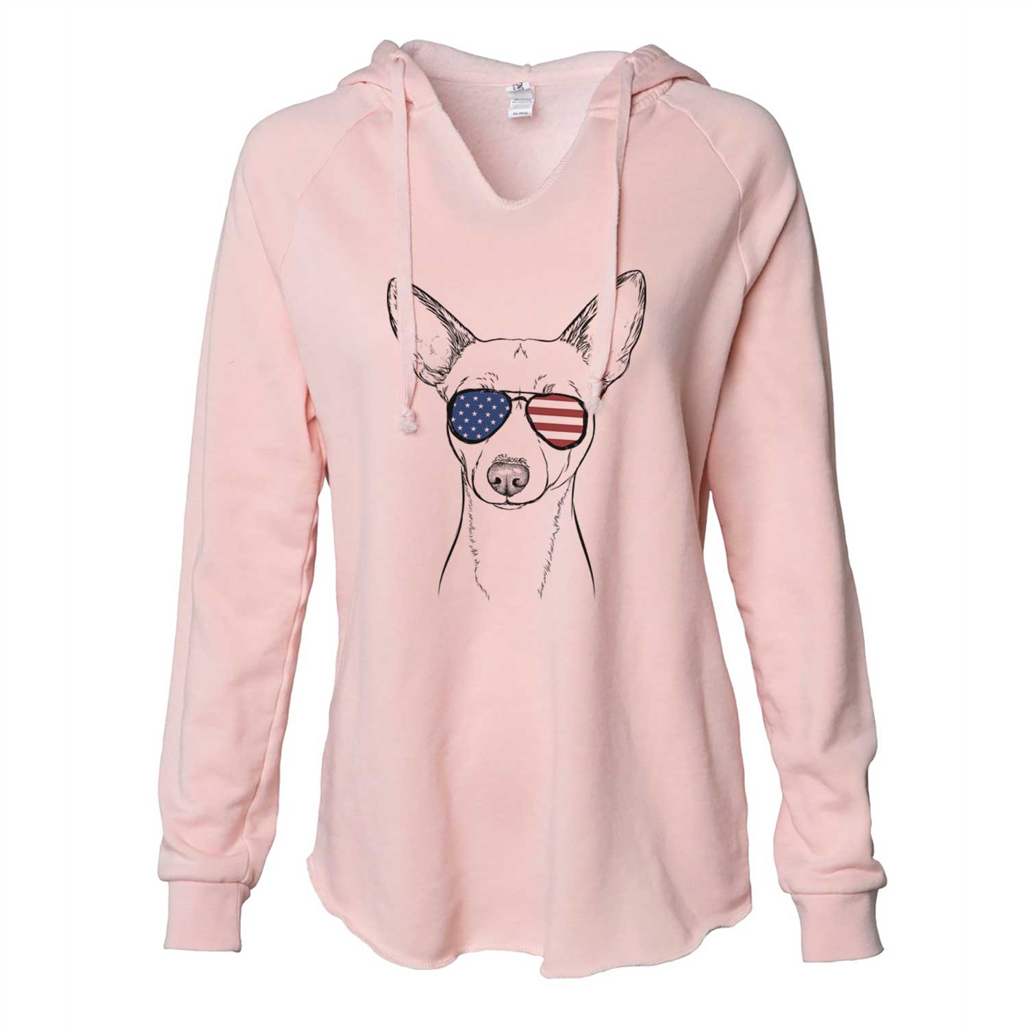 Hand-drawn sketch of Perry the Portuguese Podengo wearing American flag sunglasses on a Blush Cali Wave Hooded Sweatshirt
