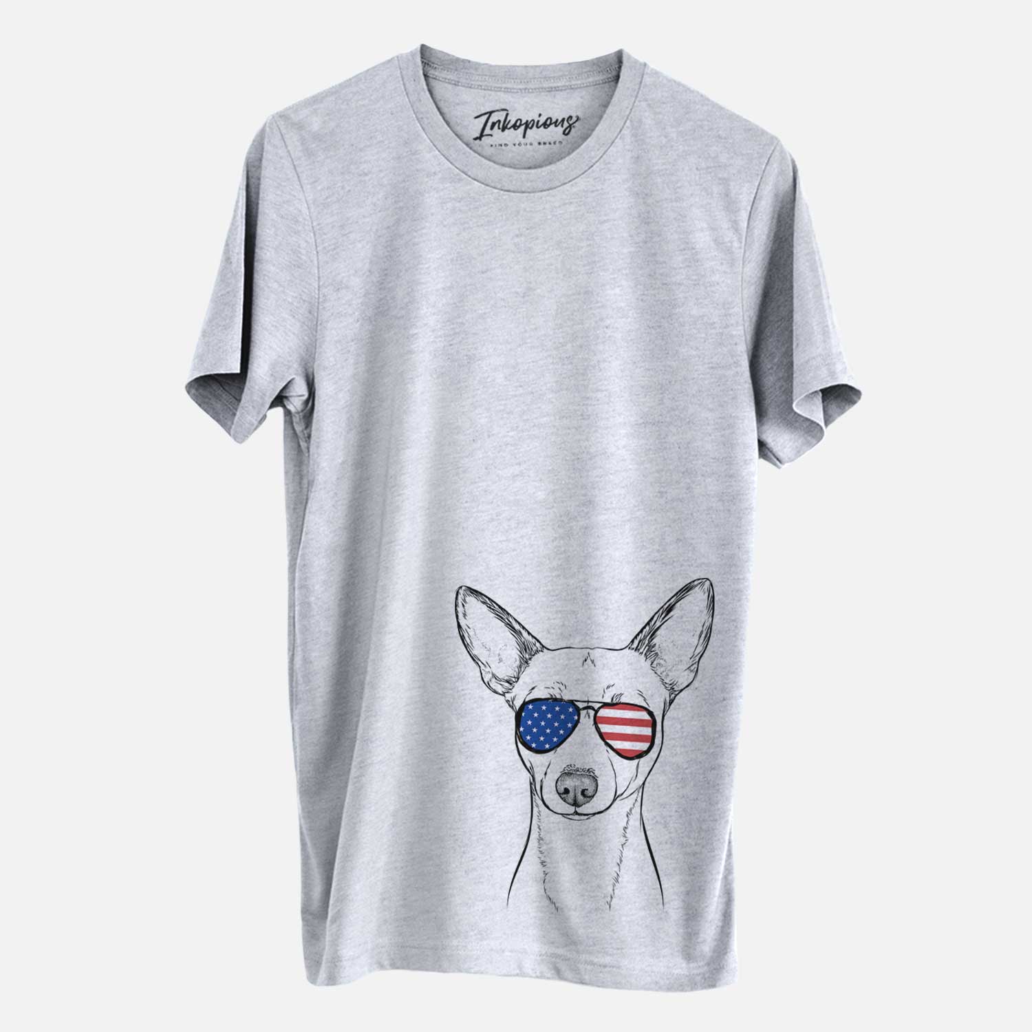 Hand-drawn sketch of Perry the Portuguese Podengo wearing American flag sunglasses on a Grey Unisex crewneck