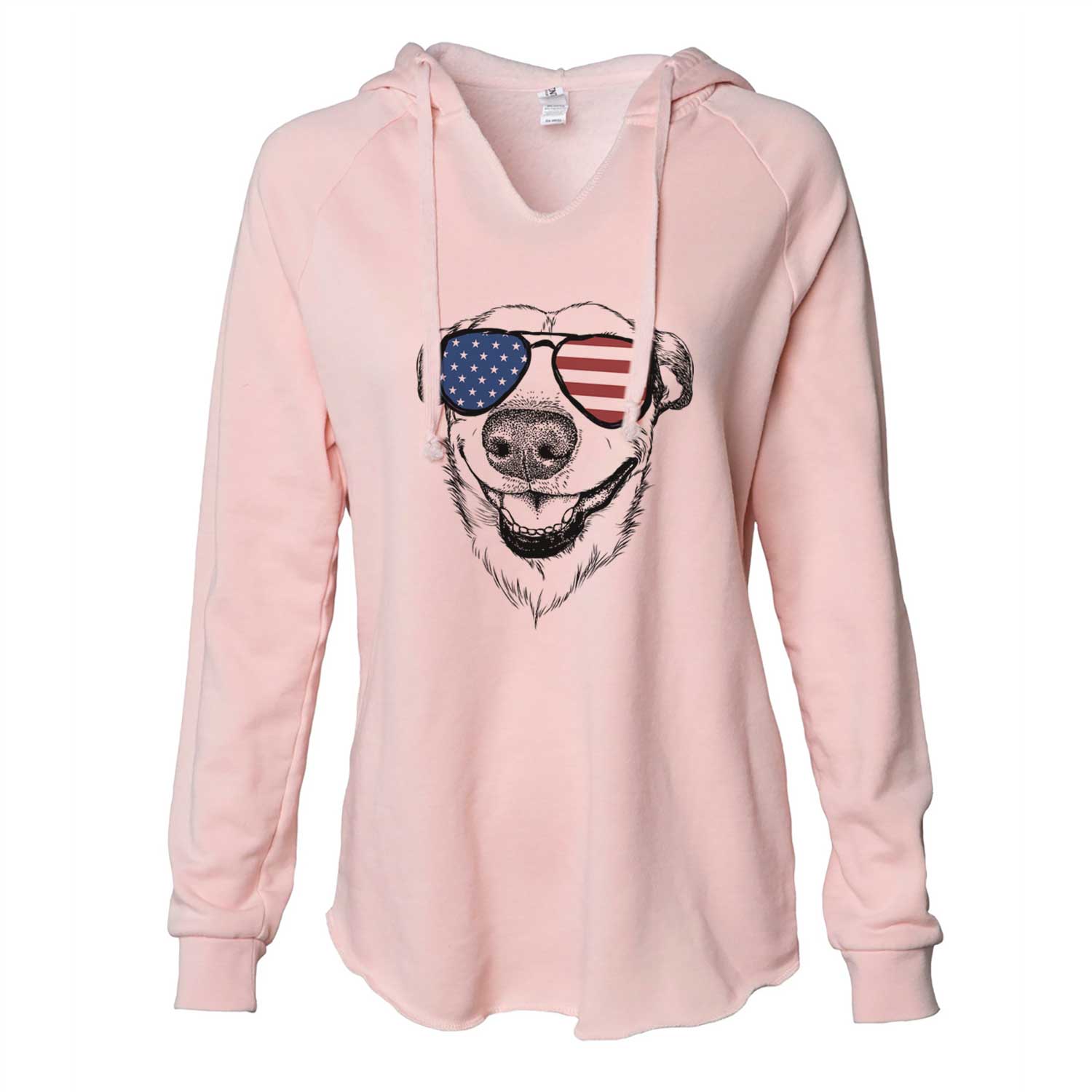 Hand-drawn sketch of Petrah the Staffy Mix wearing American flag sunglasses on a Blush Cali Wave Hooded Sweatshirt