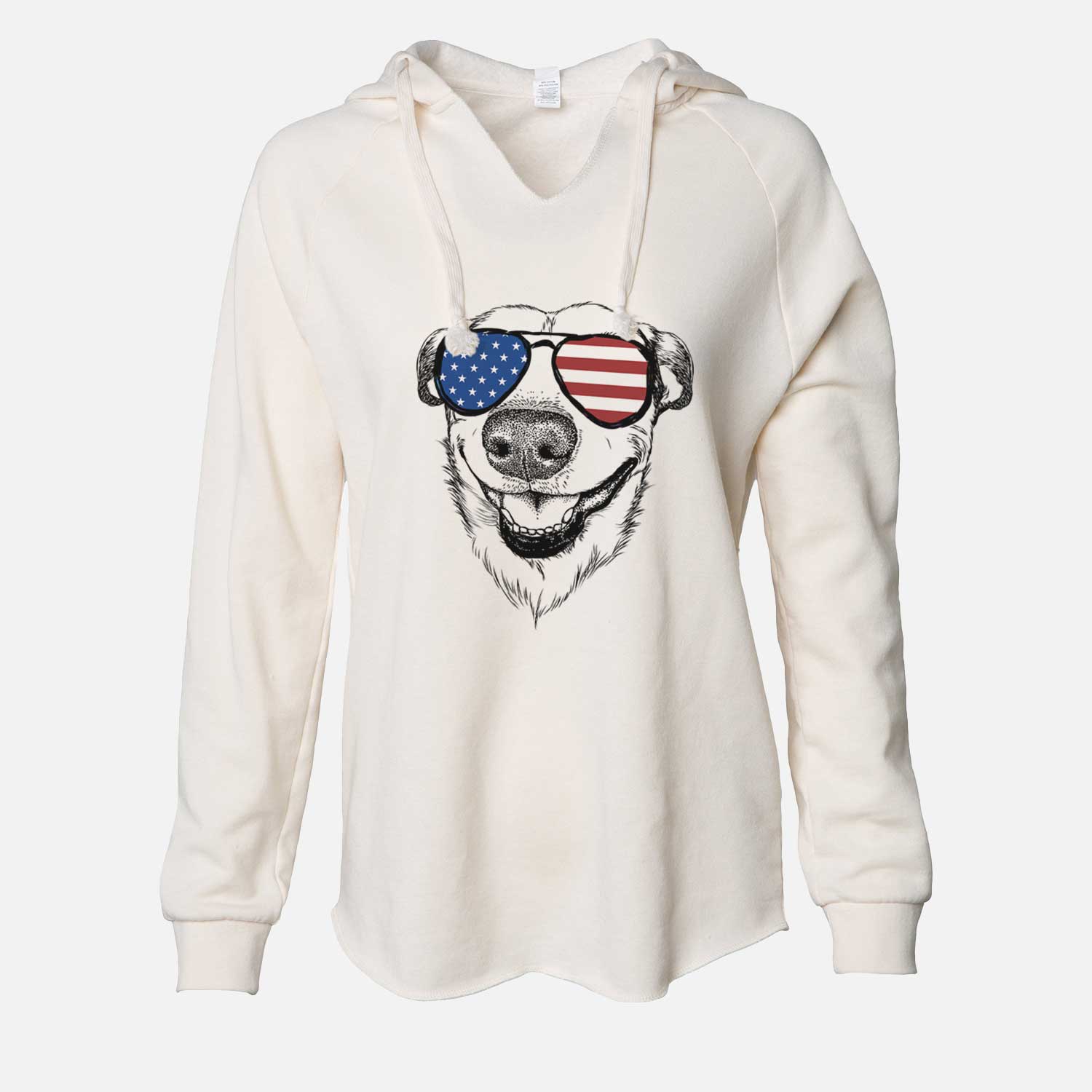 Hand-drawn sketch of Petrah the Staffy Mix wearing American flag sunglasses on a Bone Cali Wave Hooded Sweatshirt