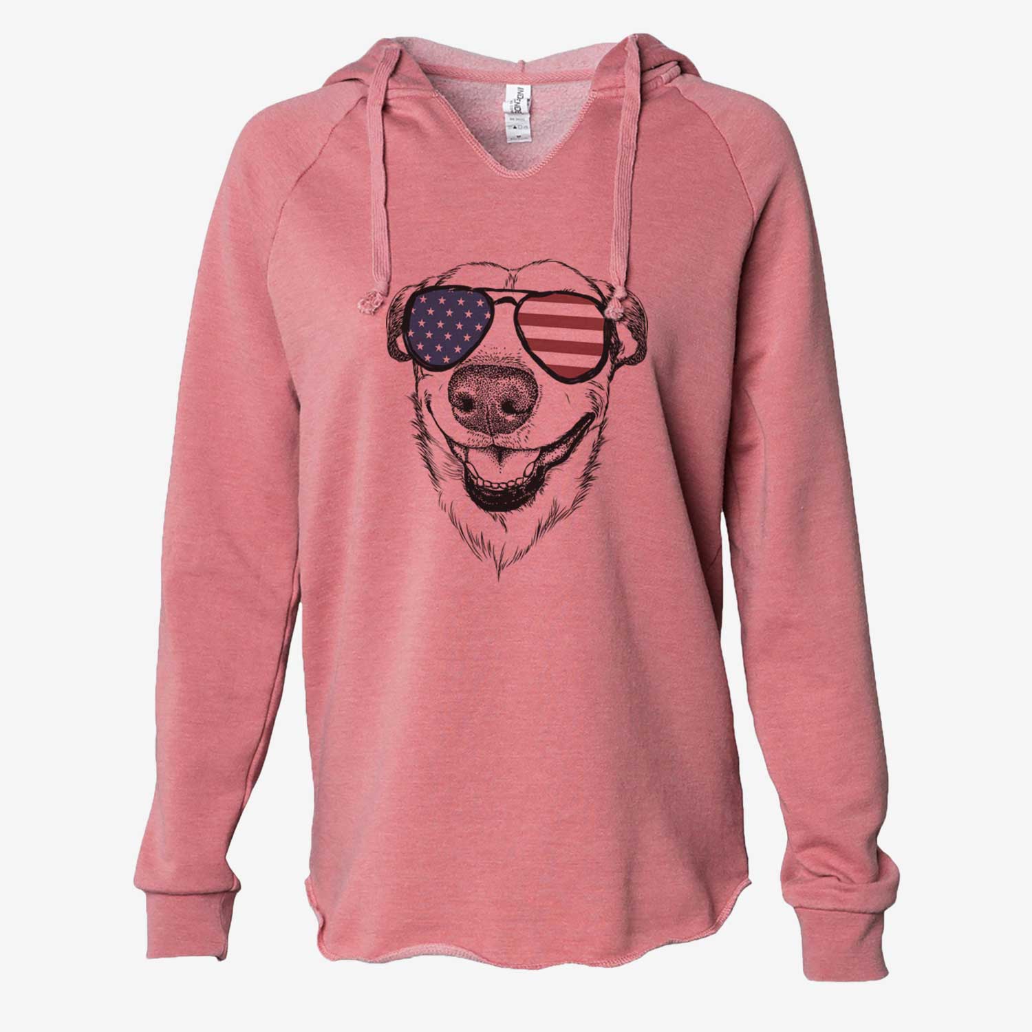 Hand-drawn sketch of Petrah the Staffy Mix wearing American flag sunglasses on a Dusty Rose Cali Wave Hooded Sweatshirt