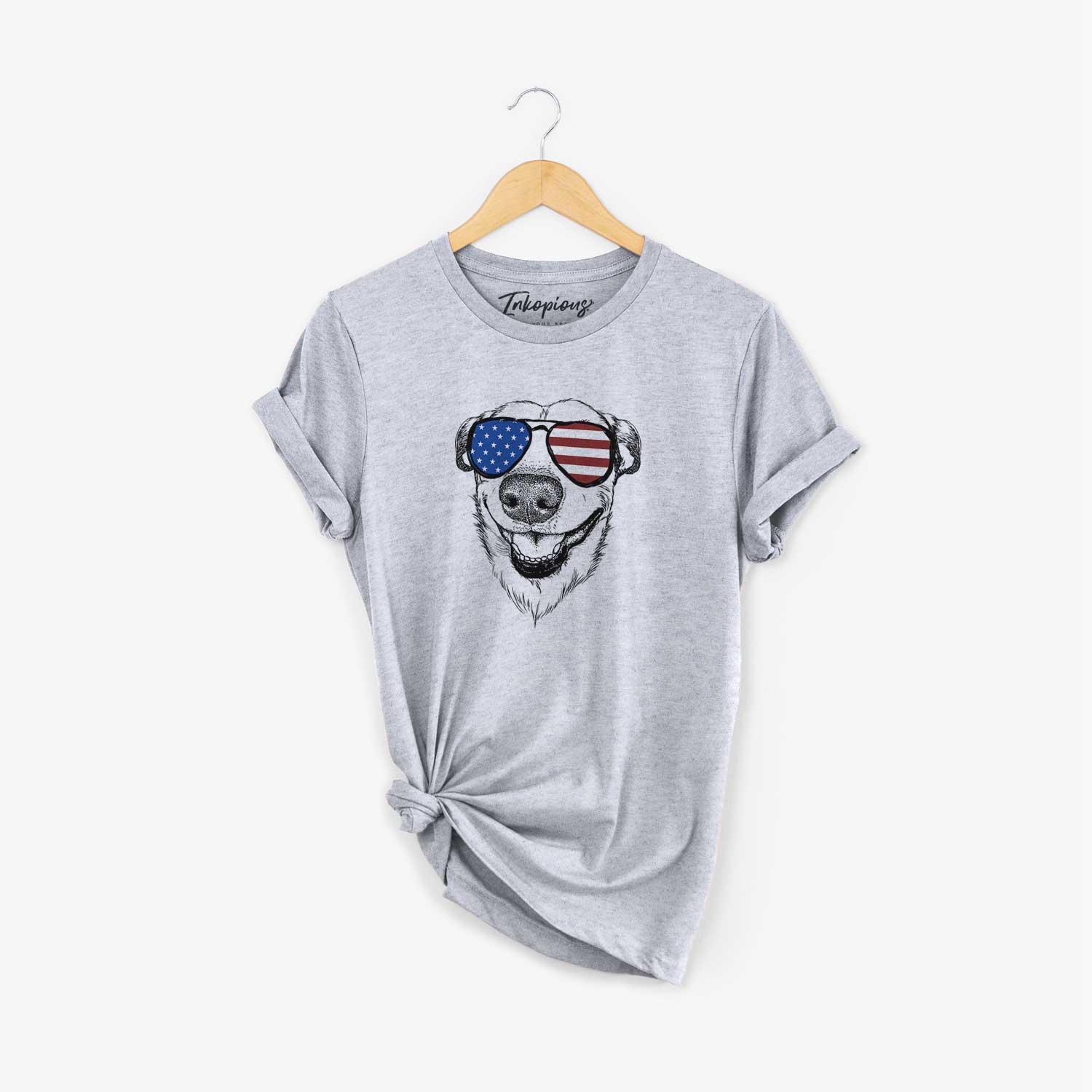 Hand-drawn sketch of Petrah the Staffy Mix wearing American flag sunglasses on a Grey Unisex crewneck