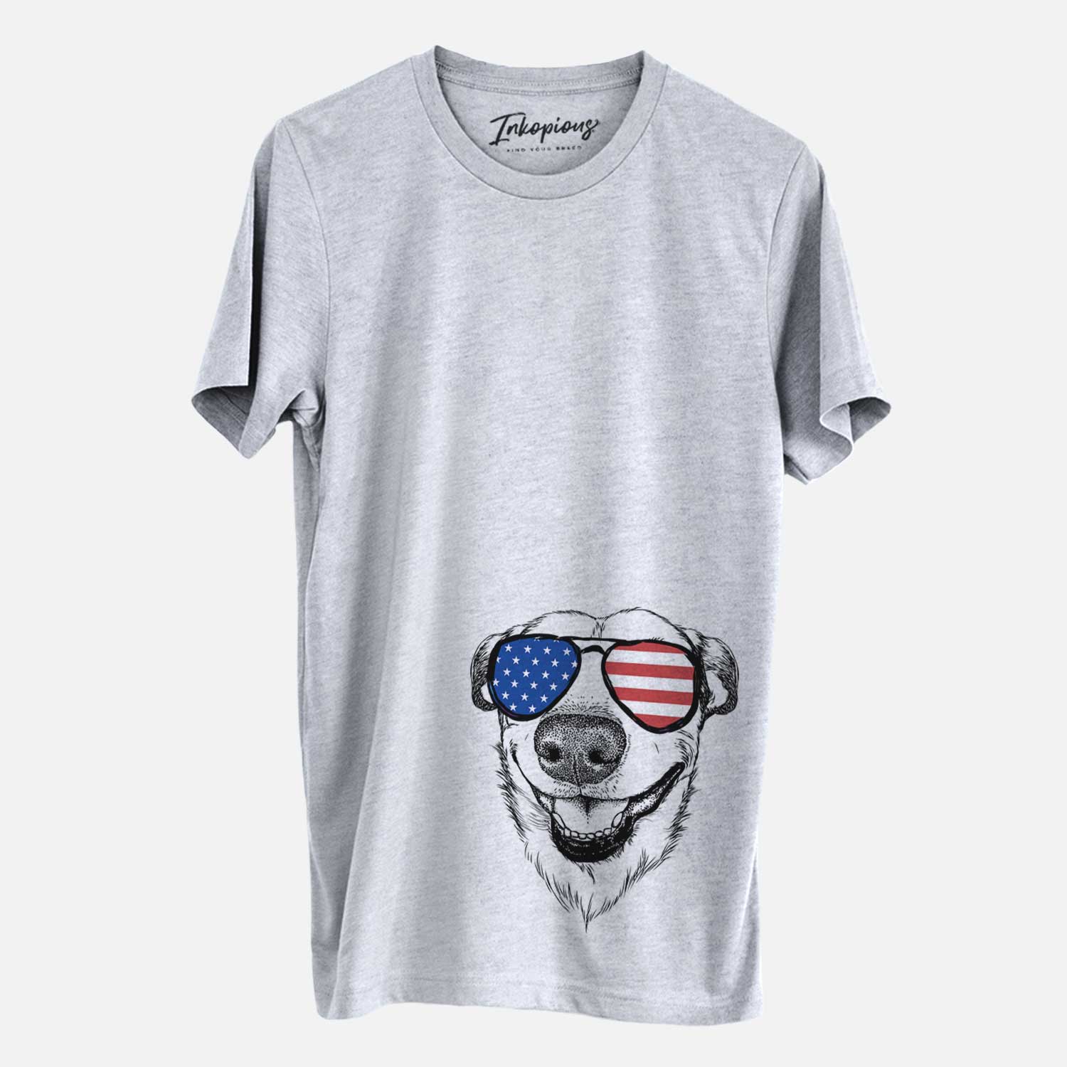 Hand-drawn sketch of Petrah the Staffy Mix wearing American flag sunglasses on a Grey Unisex crewneck