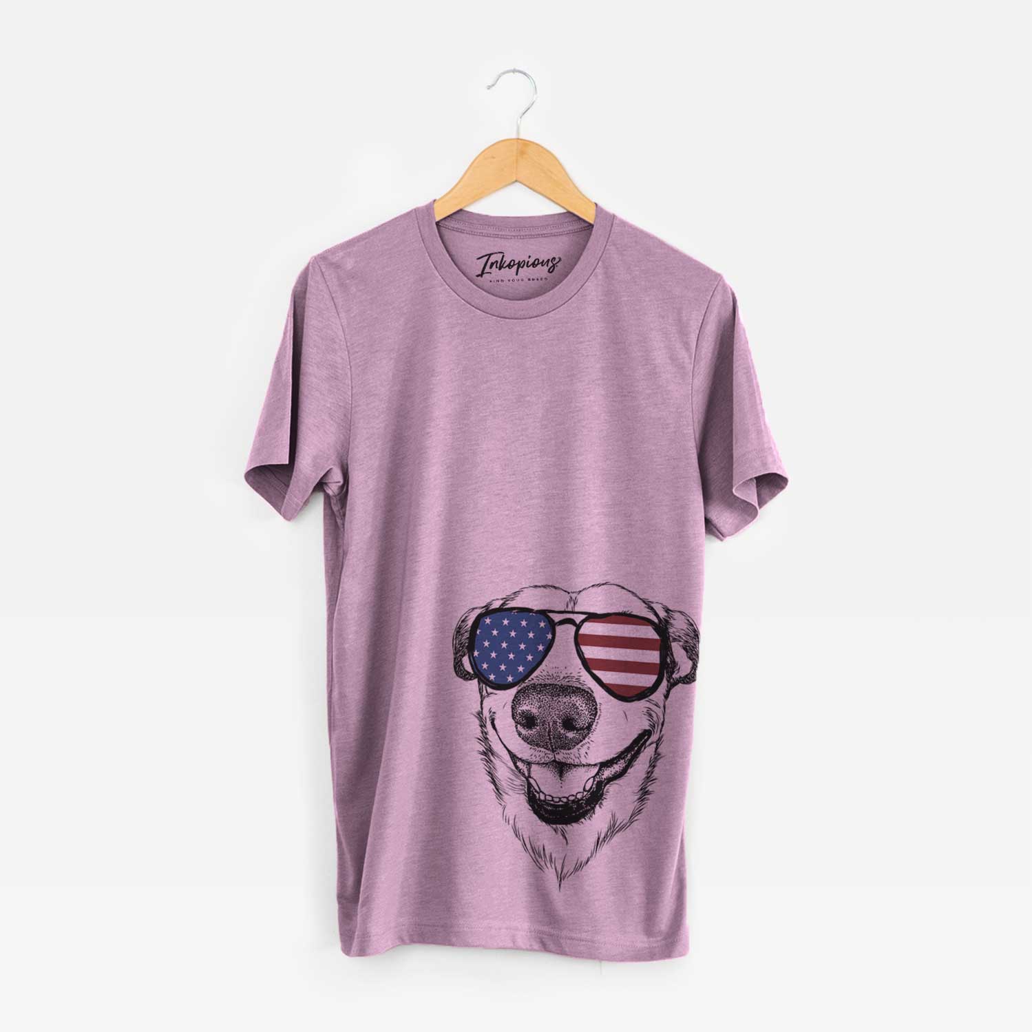 Hand-drawn sketch of Petrah the Staffy Mix wearing American flag sunglasses on an Orchid Unisex crewneck