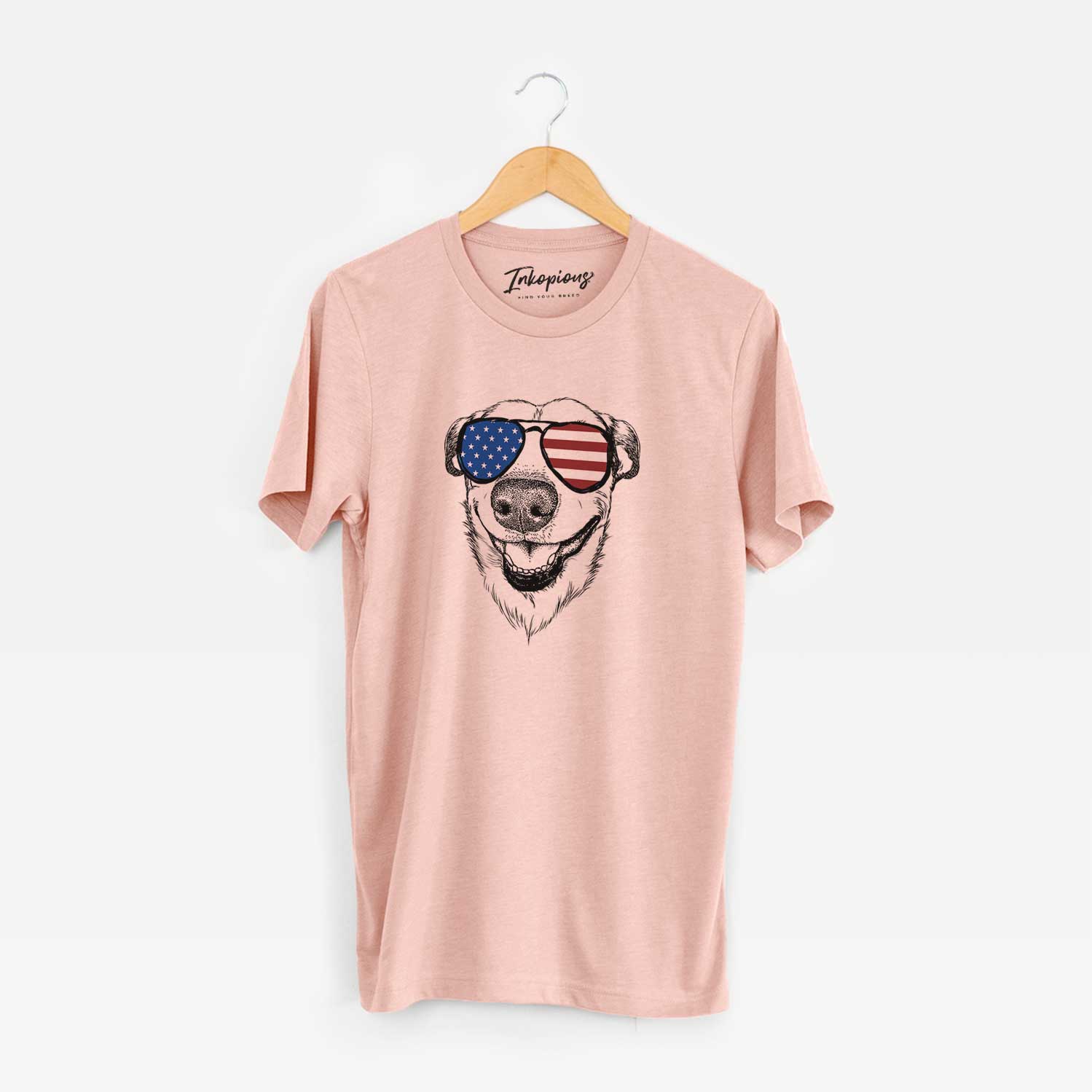 Hand-drawn sketch of Petrah the Staffy Mix wearing American flag sunglasses on a Peach Unisex crewneck
